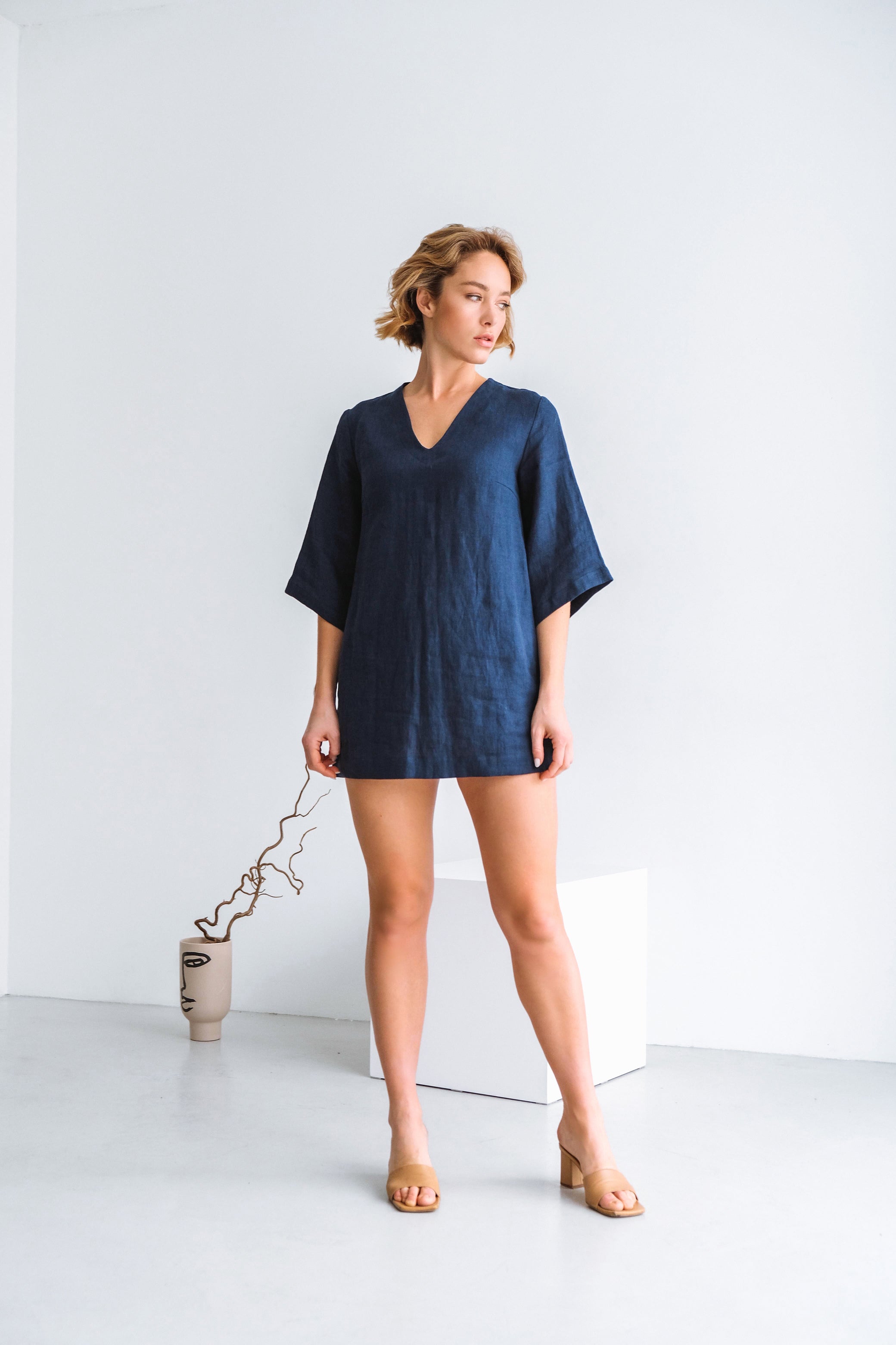 Short Summer Linen Dress SORRA in Dark blue