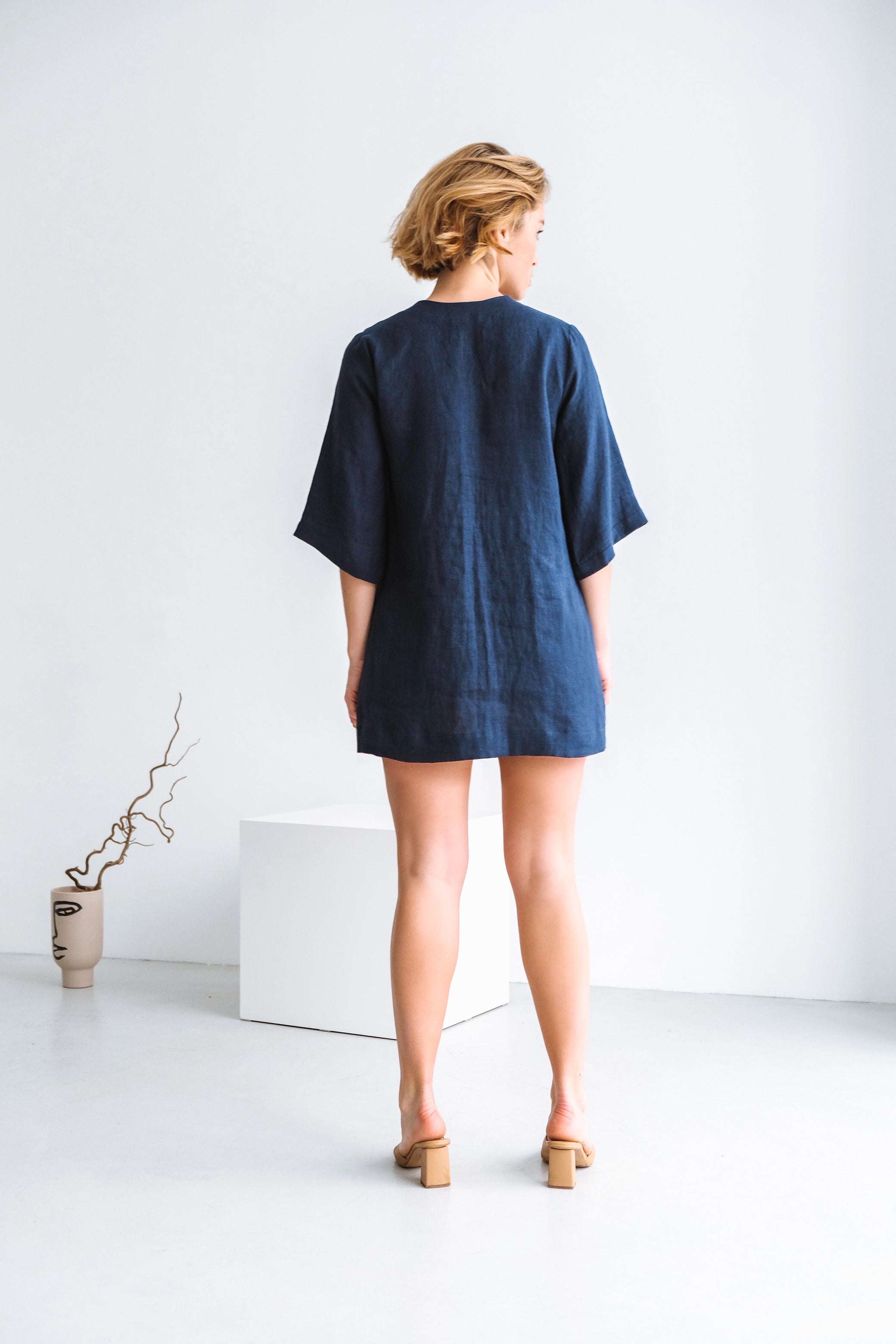 Short Summer Linen Dress SORRA in Dark blue