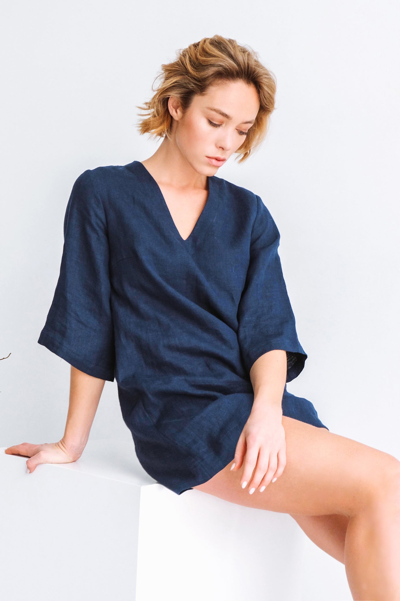 Short Summer Linen Dress SORRA in Dark blue