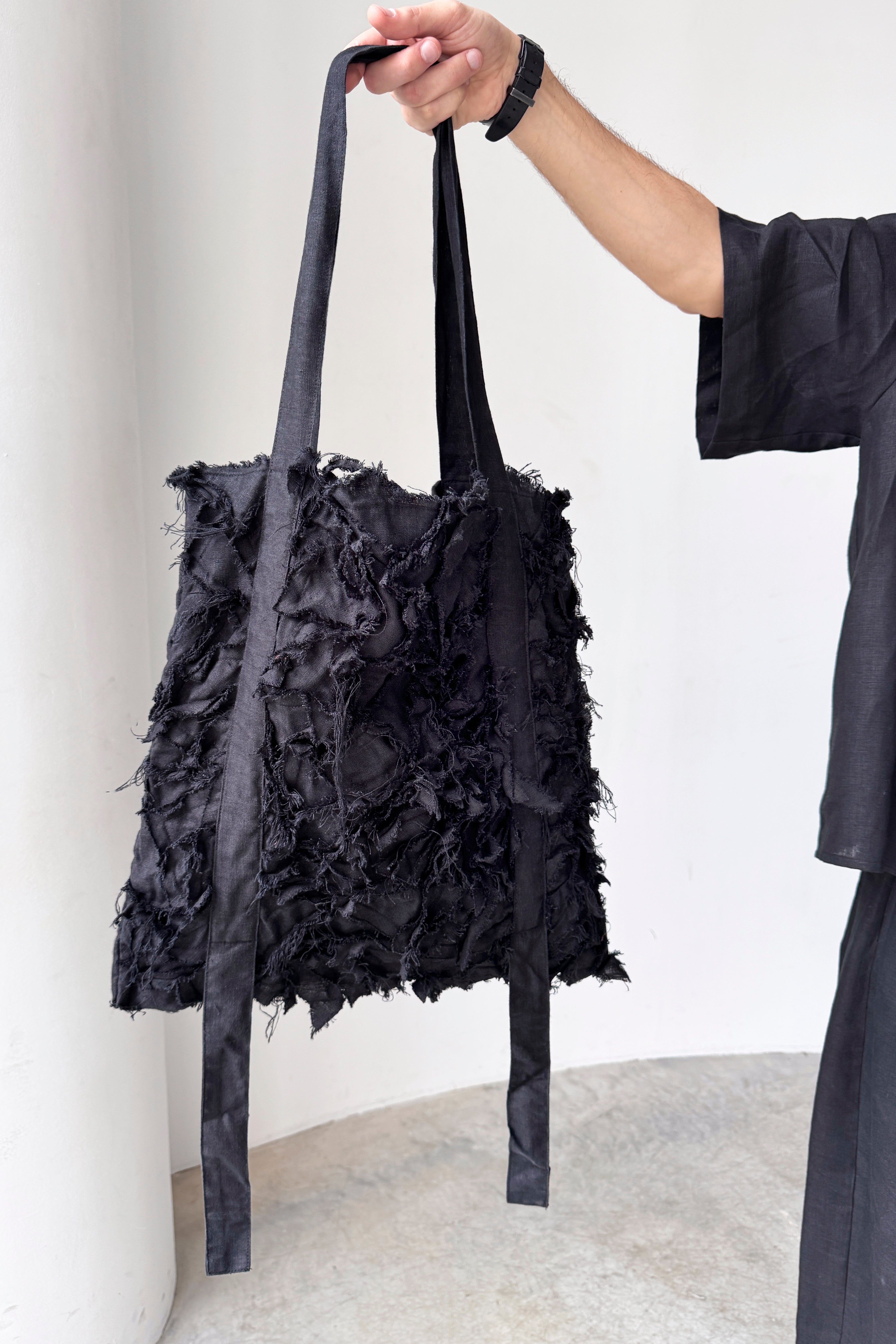 Linen Patchwork Tote Bag ENNIA in Black