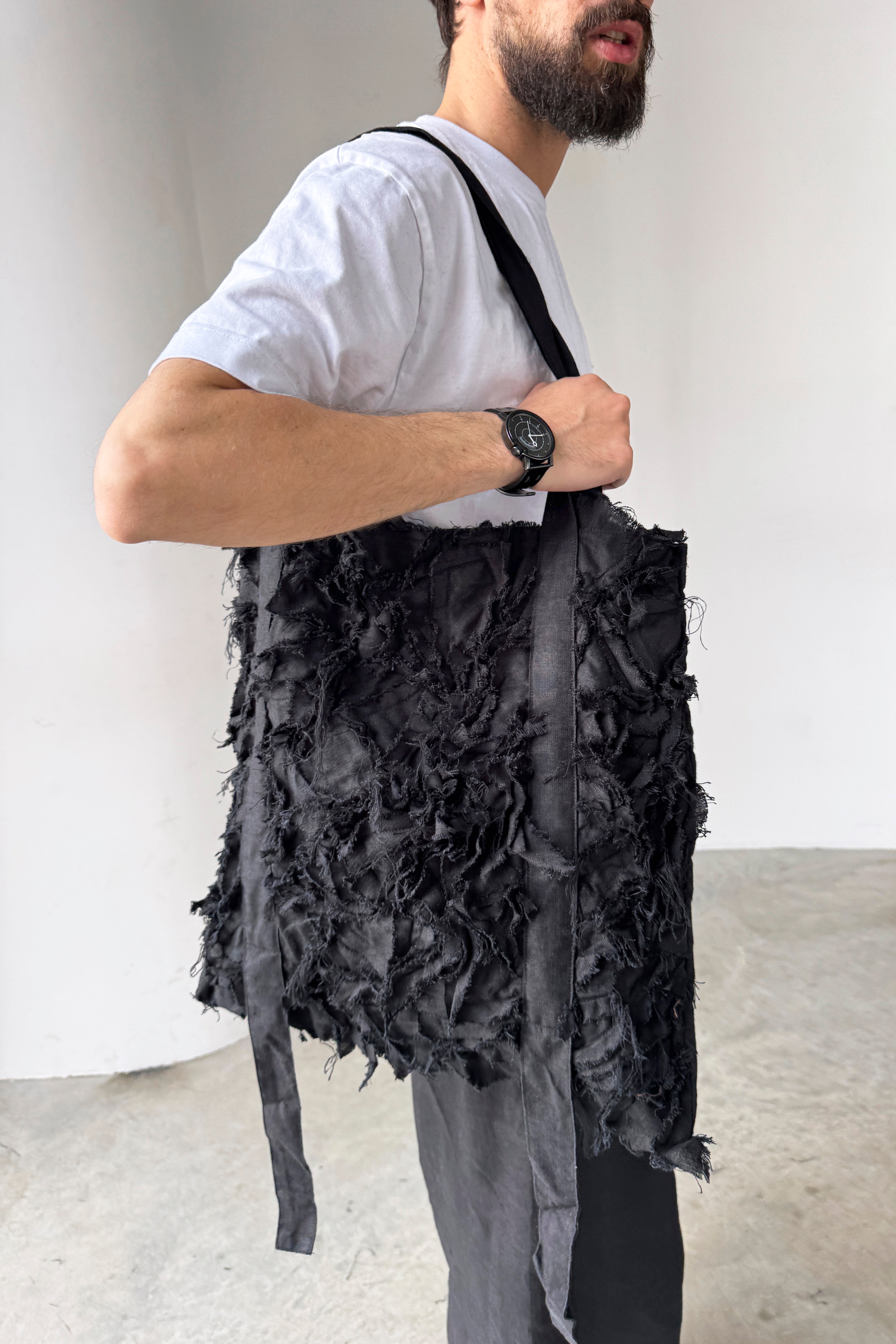 Linen Patchwork Tote Bag ENNIA in Black