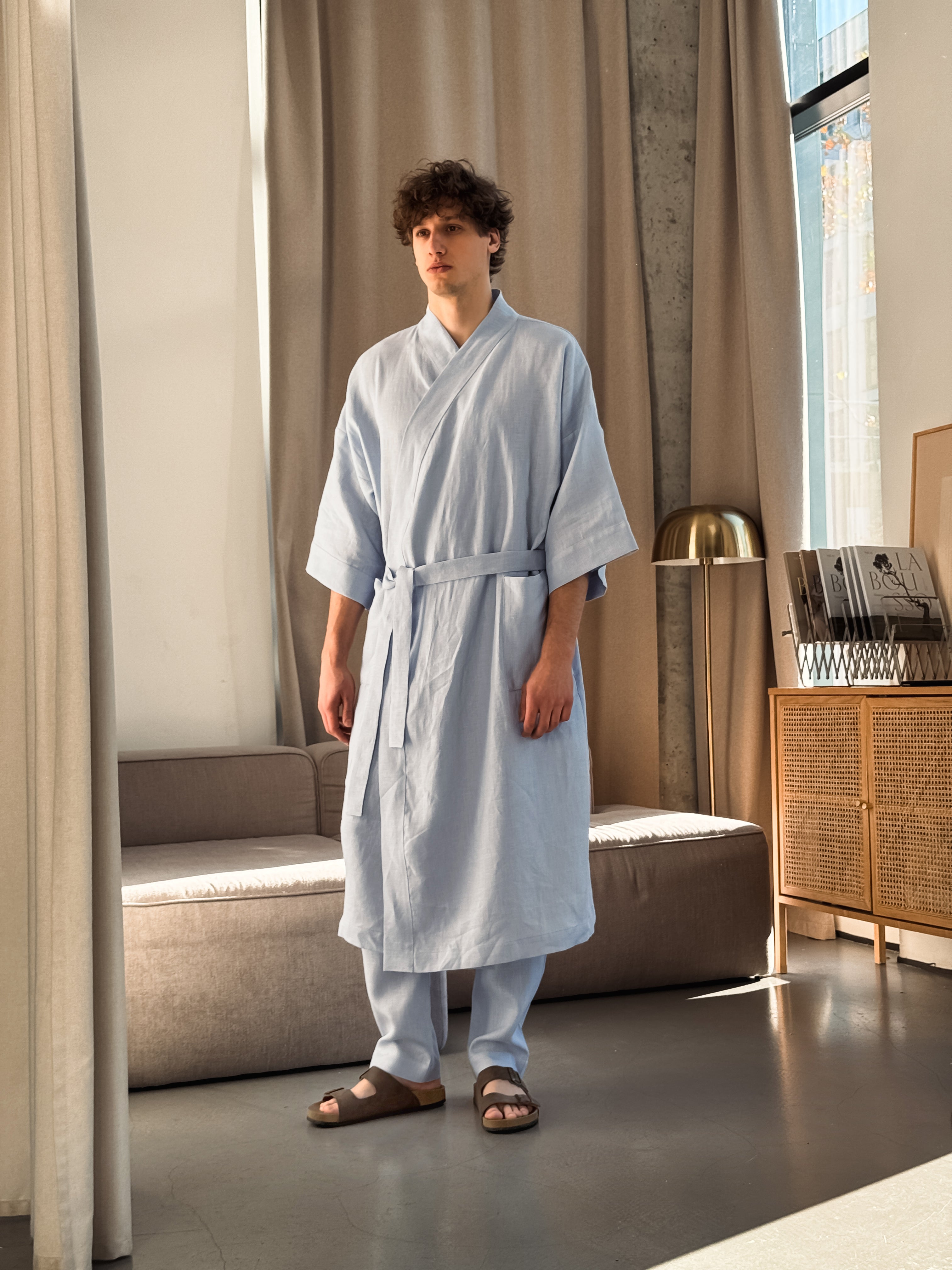 Men’s linen kimono HINOKI in Light grey