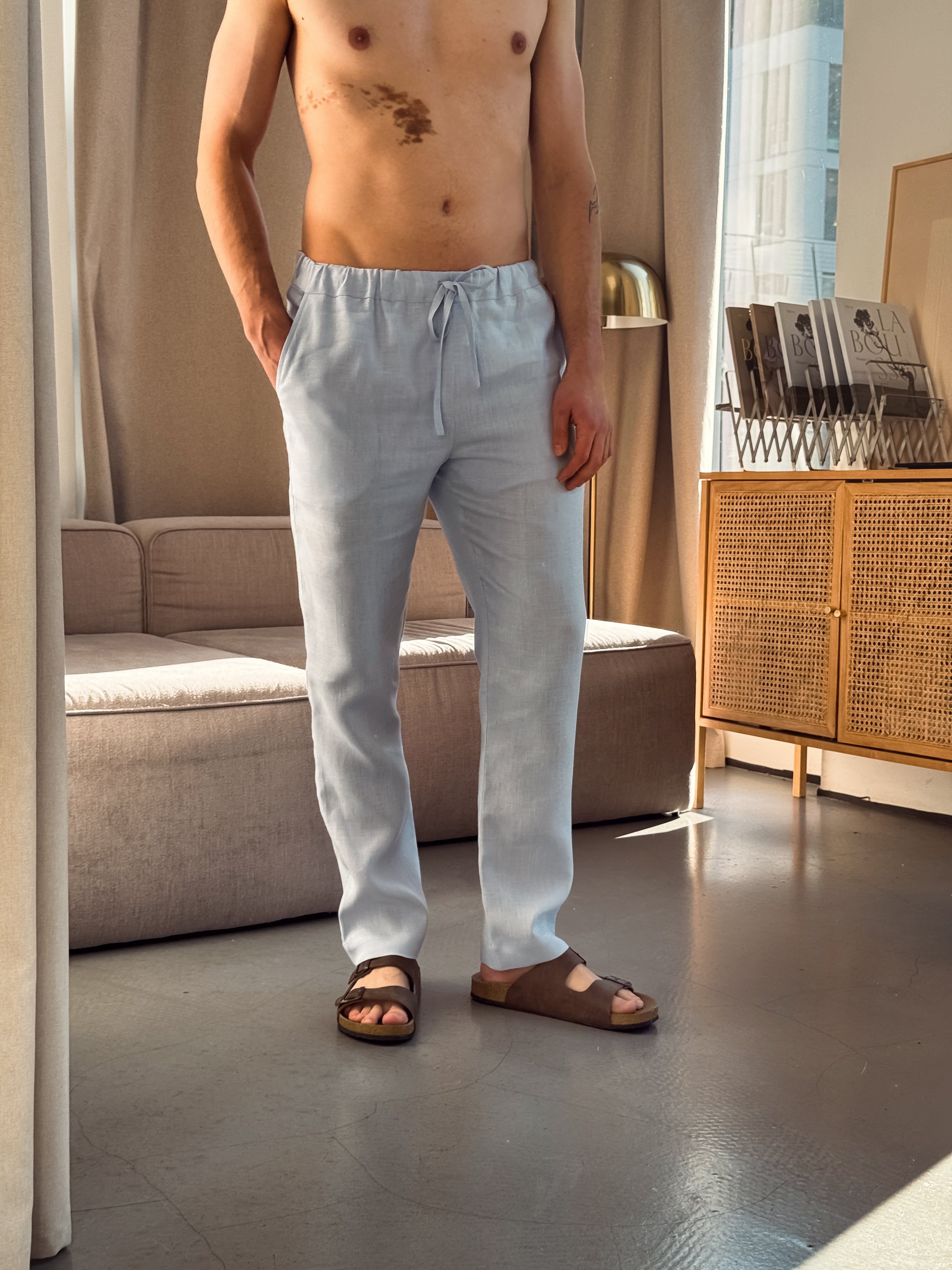 Men’s Straight Leg Linen Pants ASH in Light blue