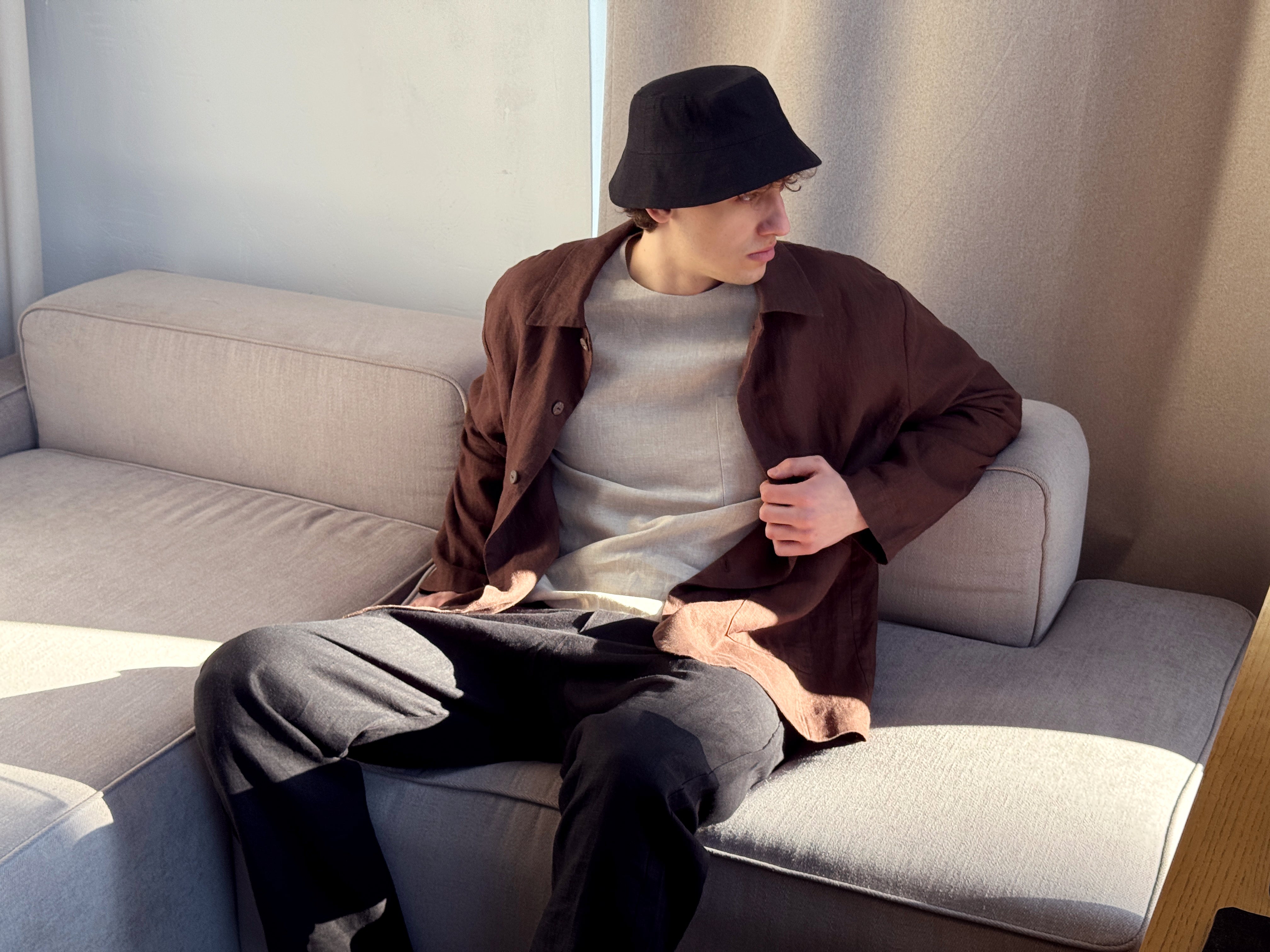 Men's Linen Bucket Hat PECAN in Black