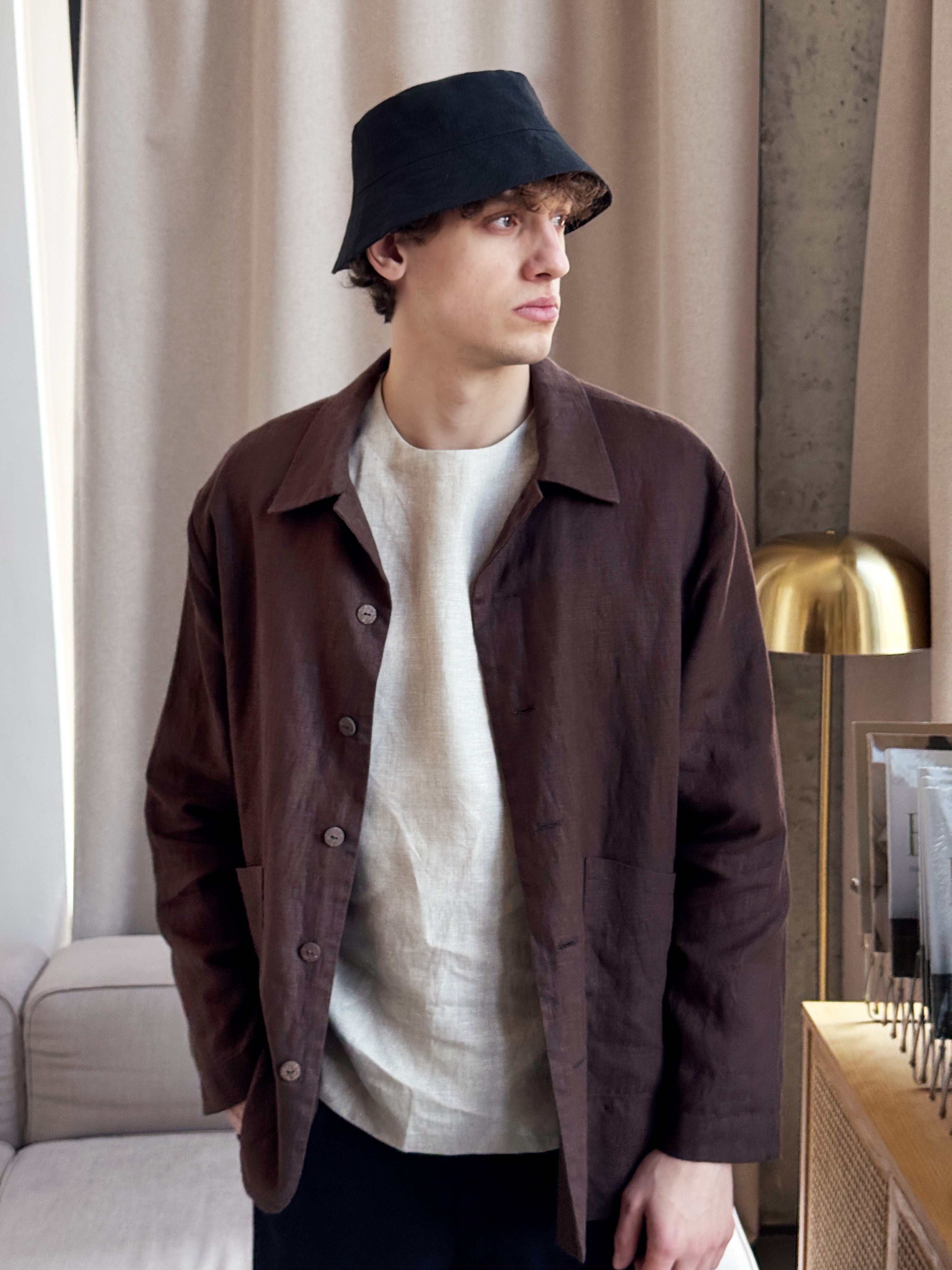 Men's Linen Bucket Hat PECAN in Black