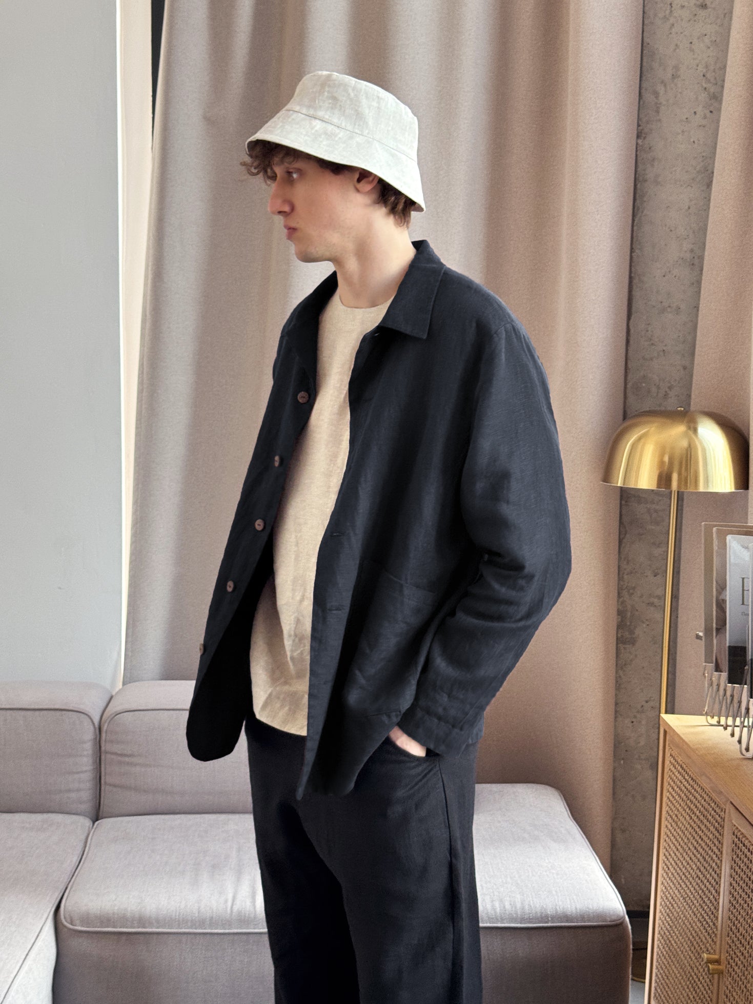 完売品 スリードッツ Linen rayon jacket 黒 S〜M リネン Men's Linen Jacket CHERRY in Black