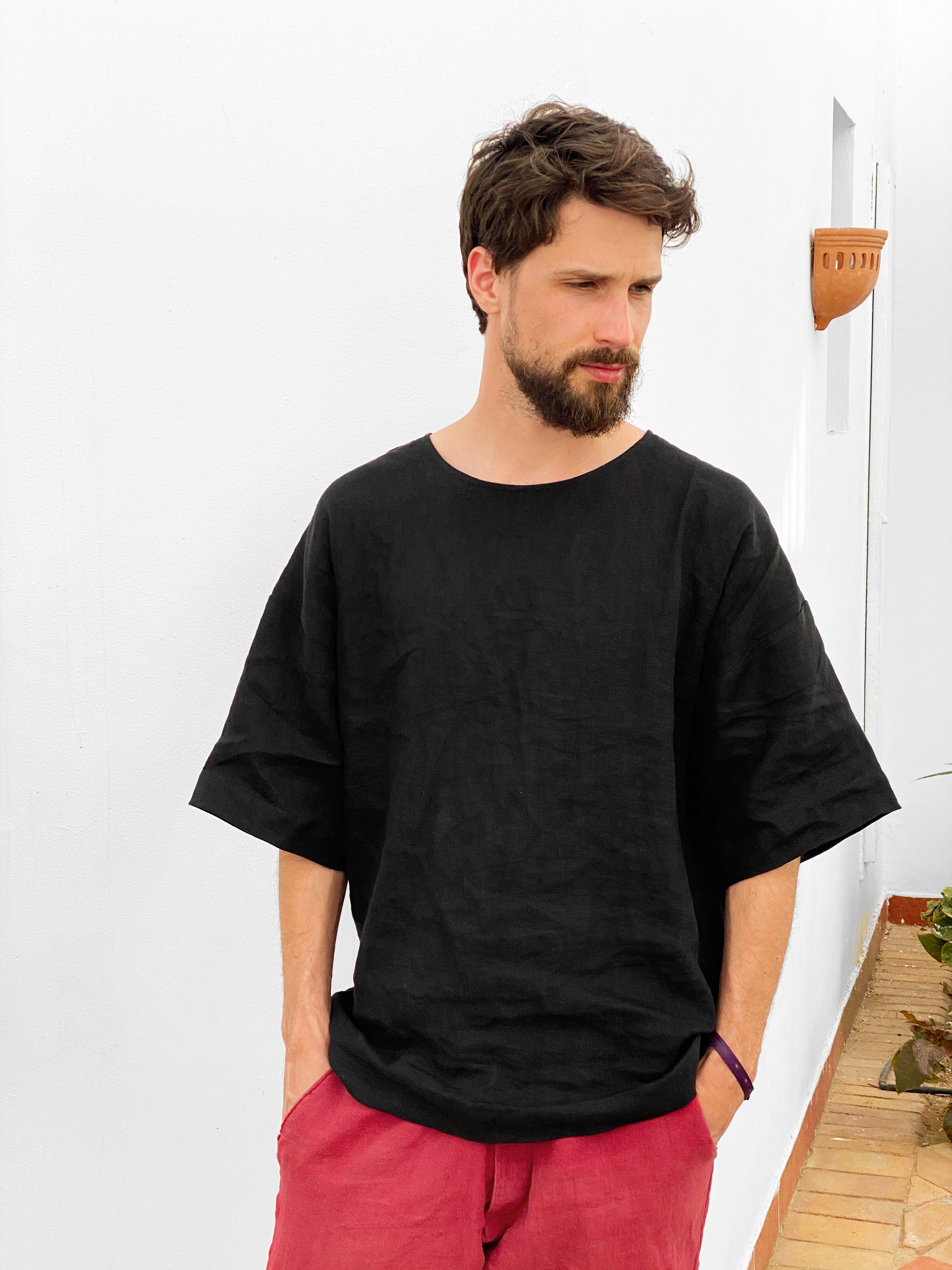 Men’s Oversized Linen T-Shirt LOTUS in Black