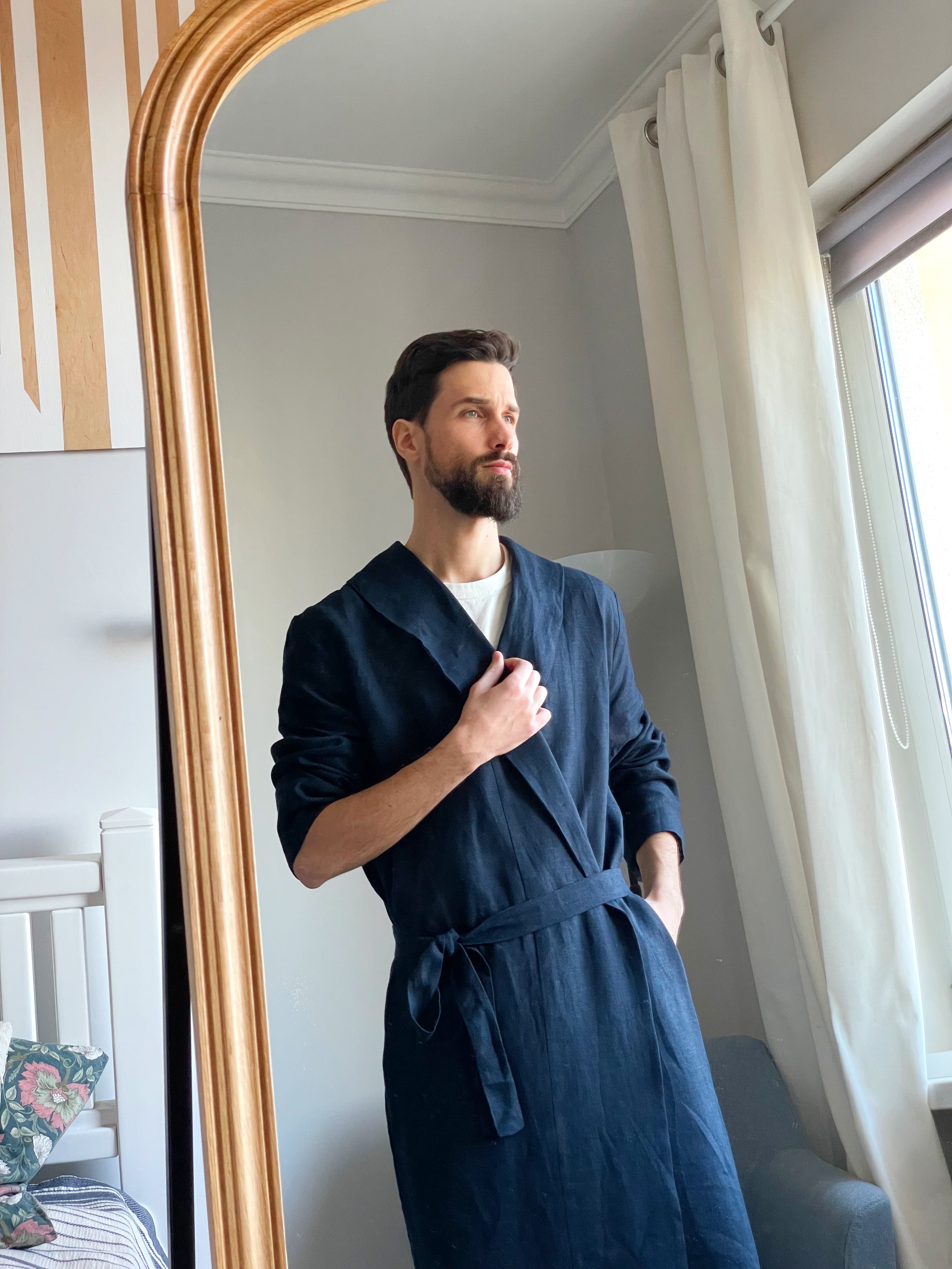 Men’s linen robe JUNIPER LONG in Dark blue