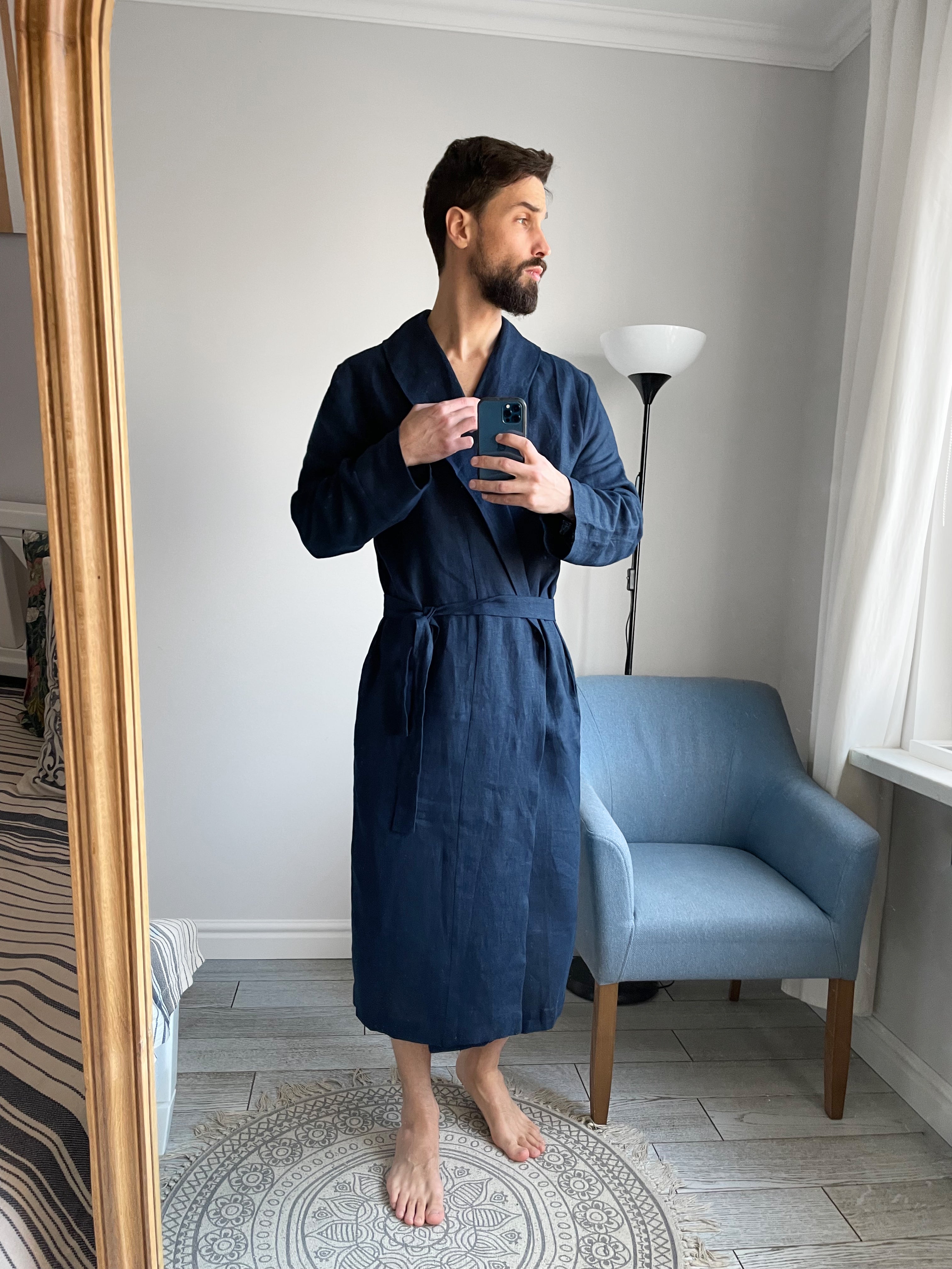 Men’s linen robe JUNIPER LONG in Dark blue