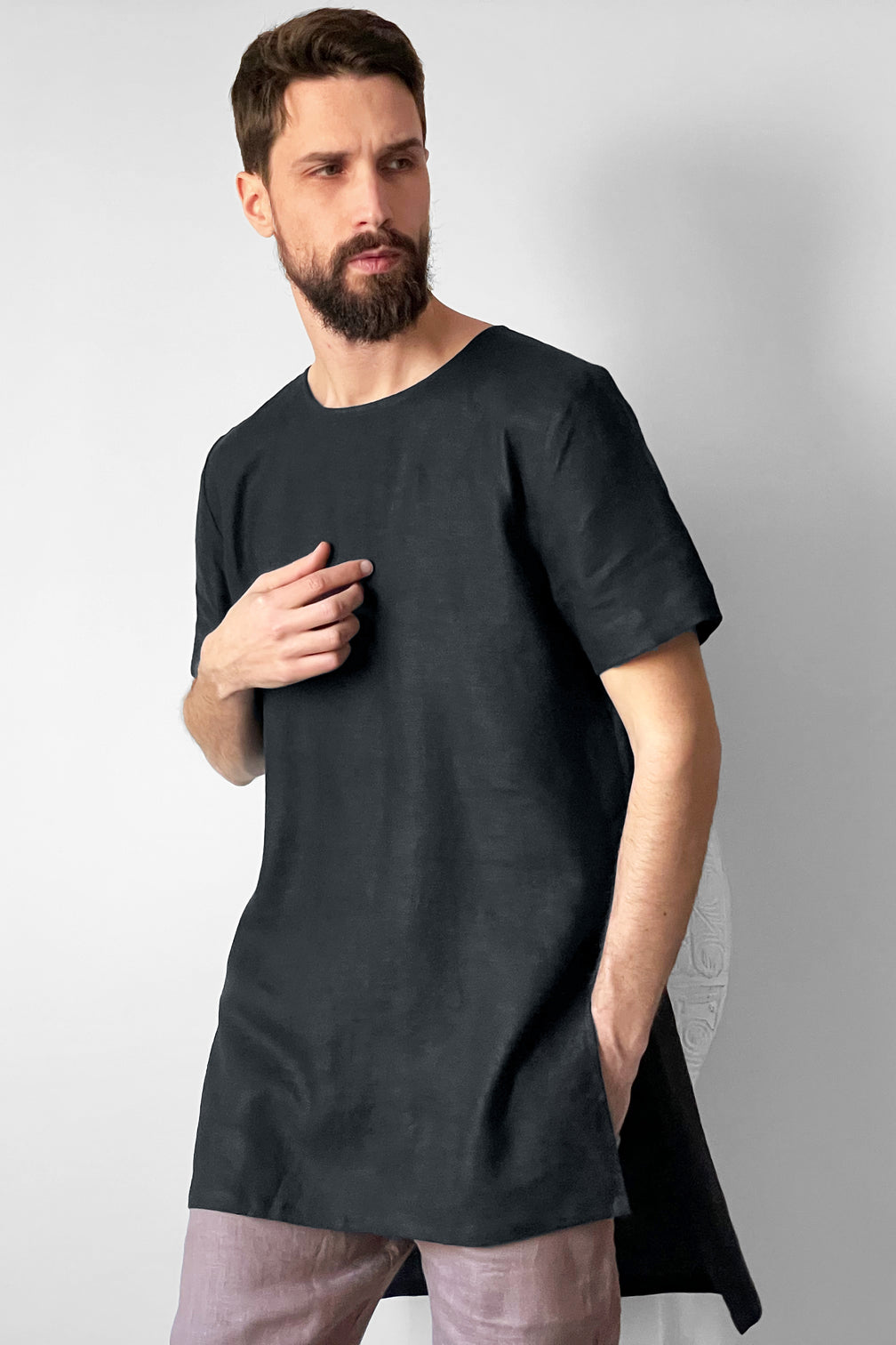 Men’s Long Linen T-Shirt LINDEN in Black