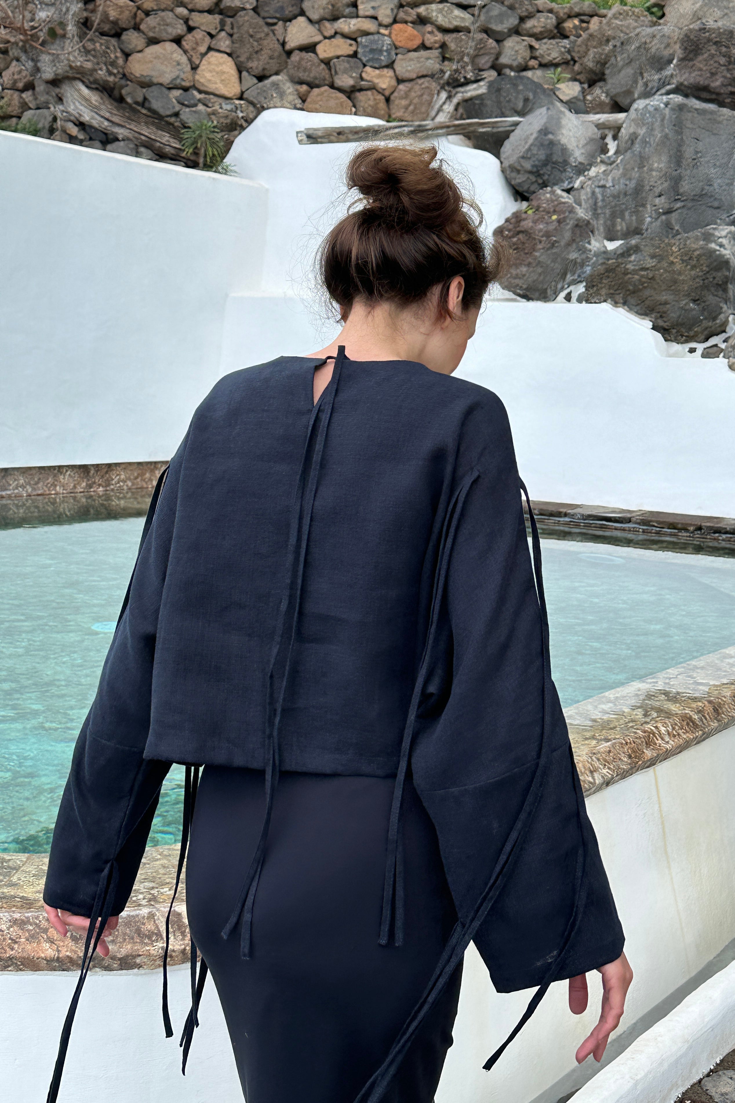 Womens Linen Crop Blouse OLEA in Dark blue