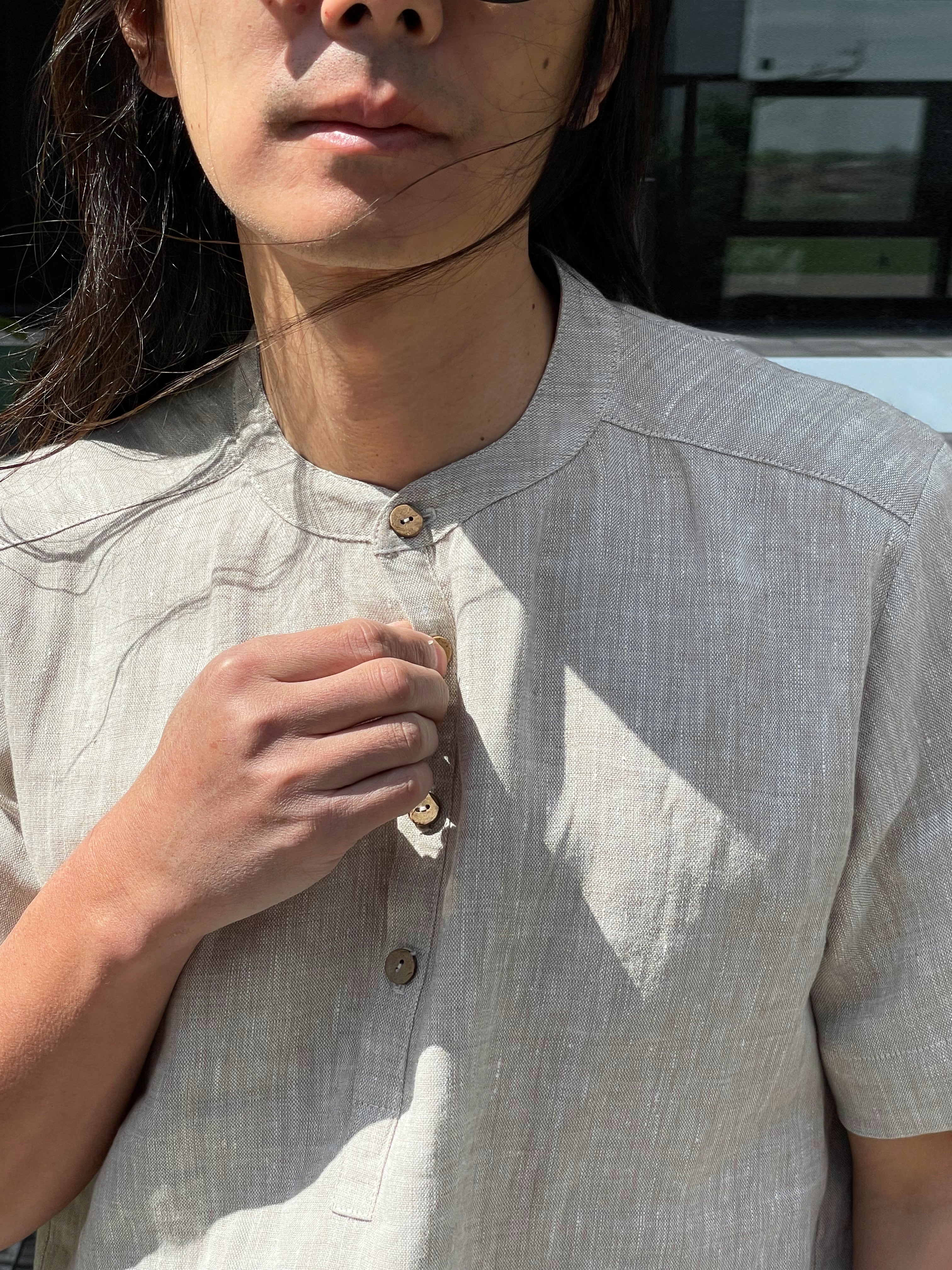 Henley Linen Shirt OLIVE in Beige