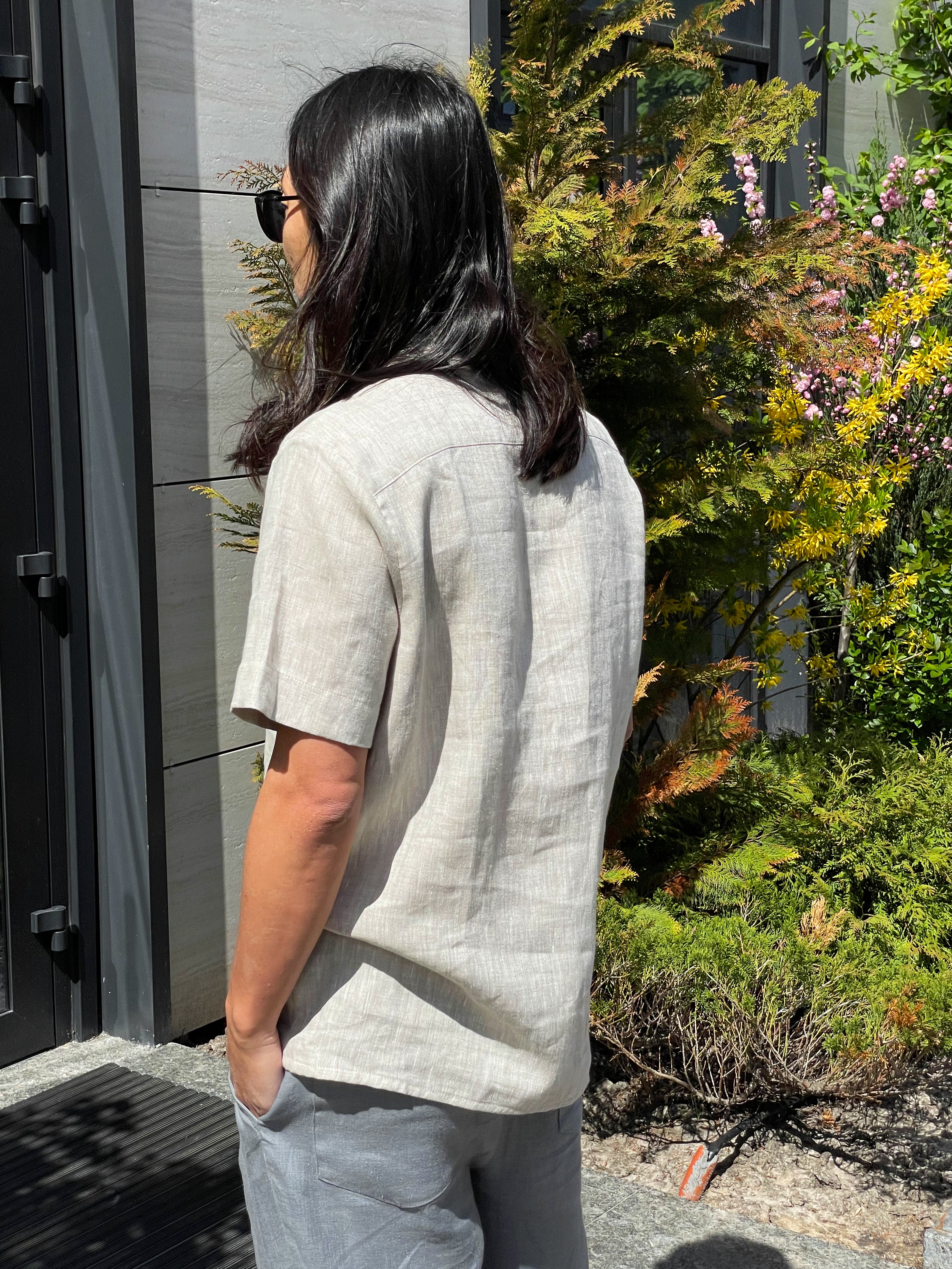 Henley Linen Shirt OLIVE in Beige