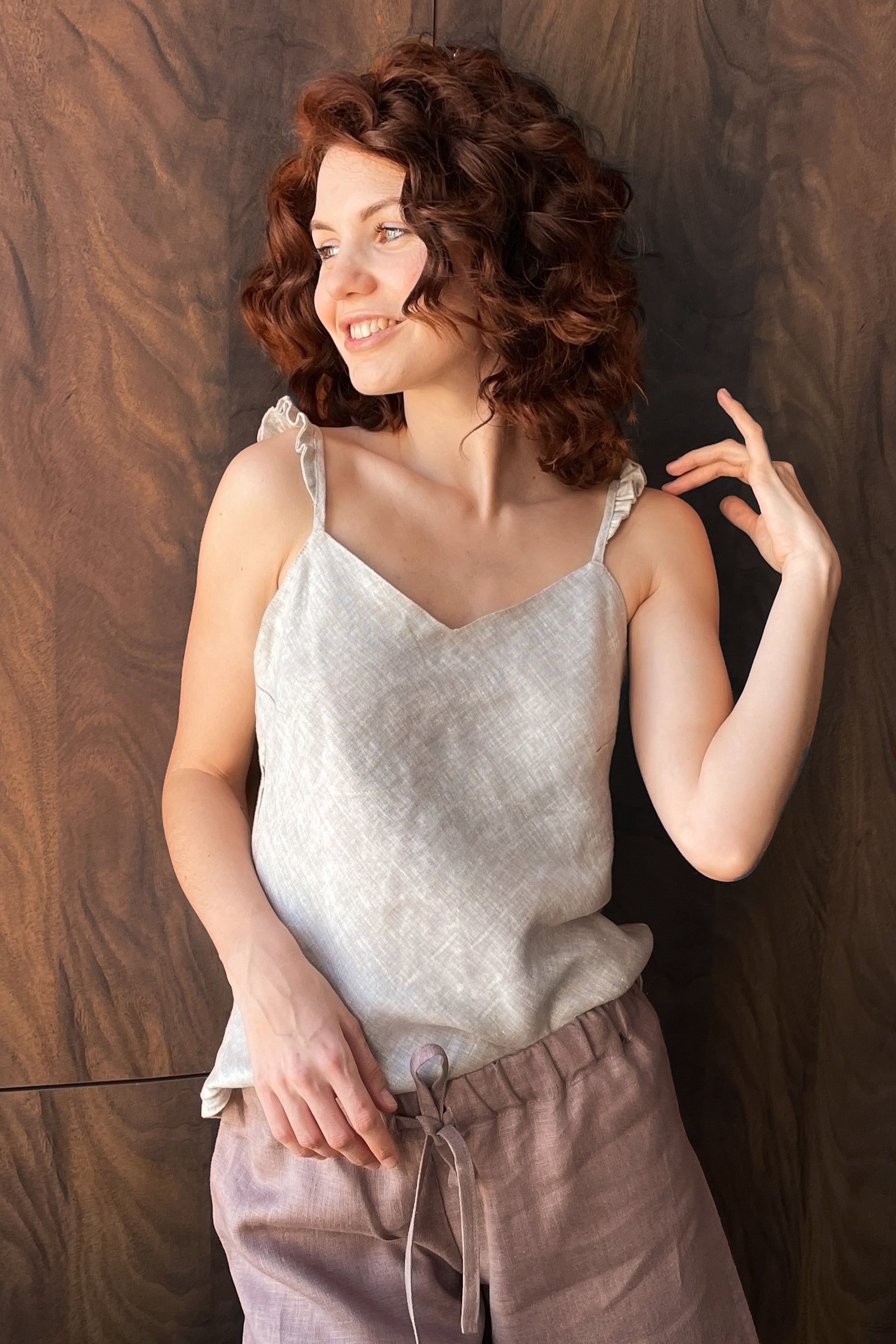 Women’s Ruffled Straps Linen Top FLORIN in Beige