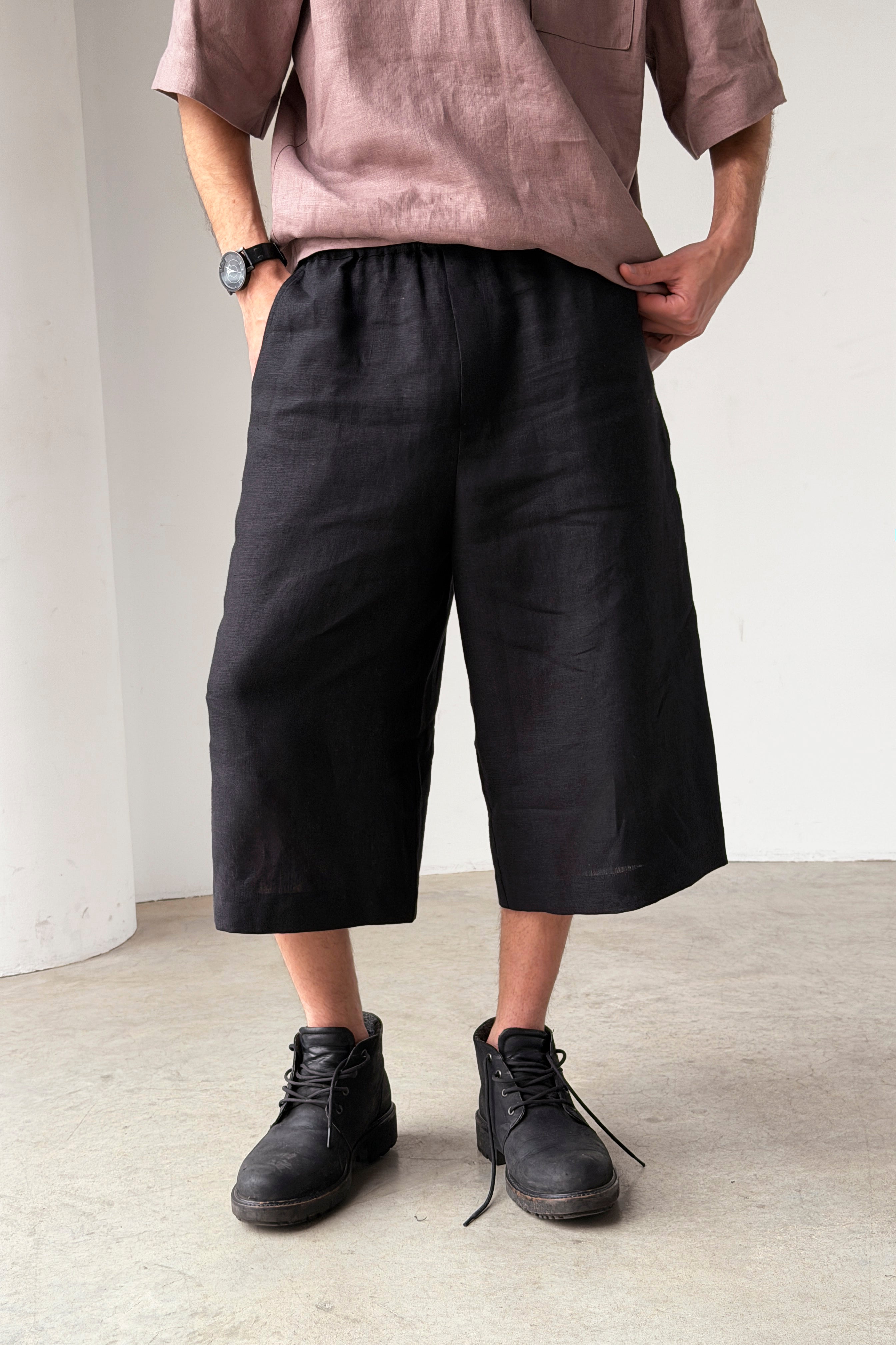Men's Linen Cropped Pants YARROW in Black