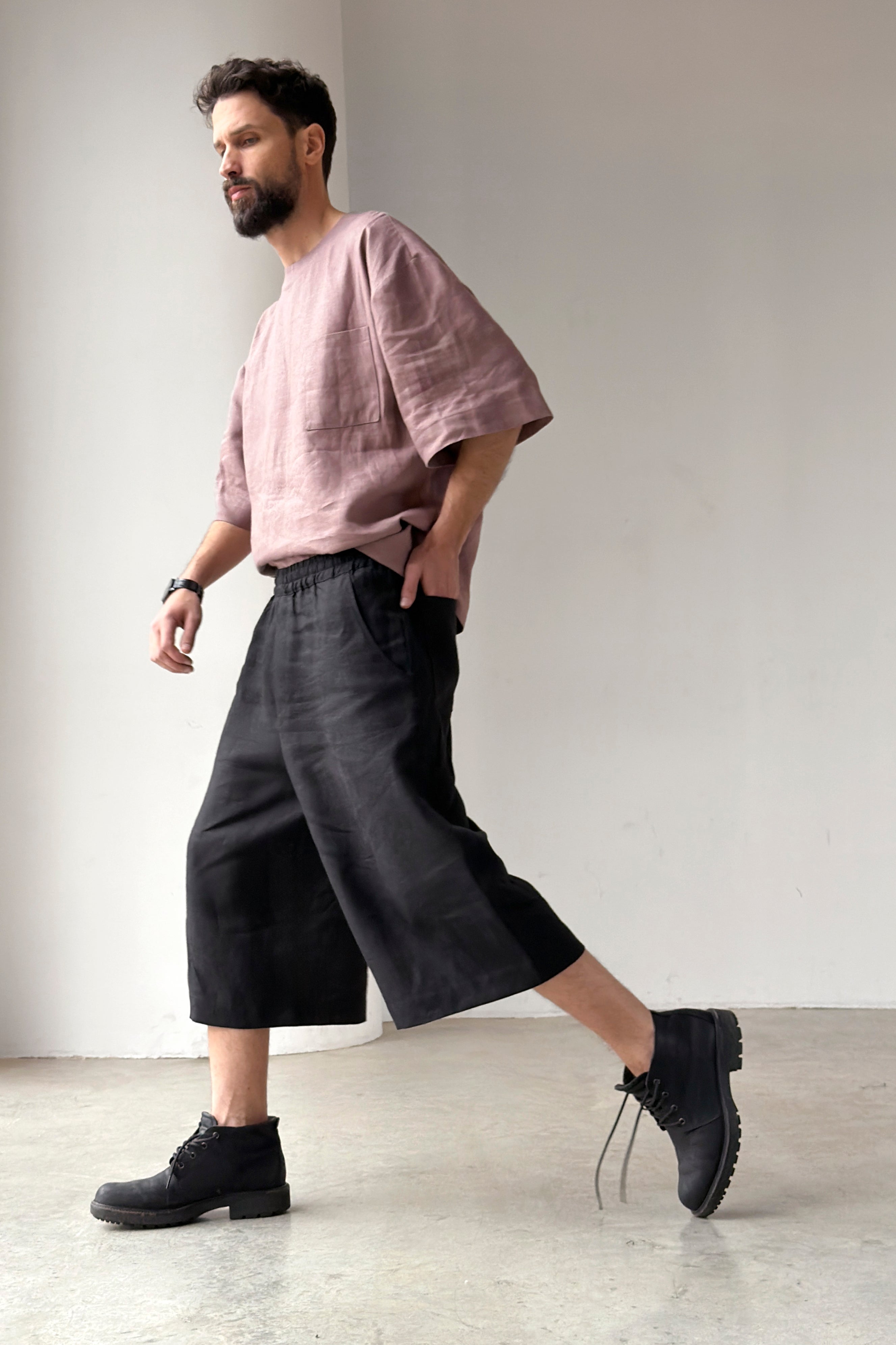 Men's Linen Cropped Pants YARROW in Black
