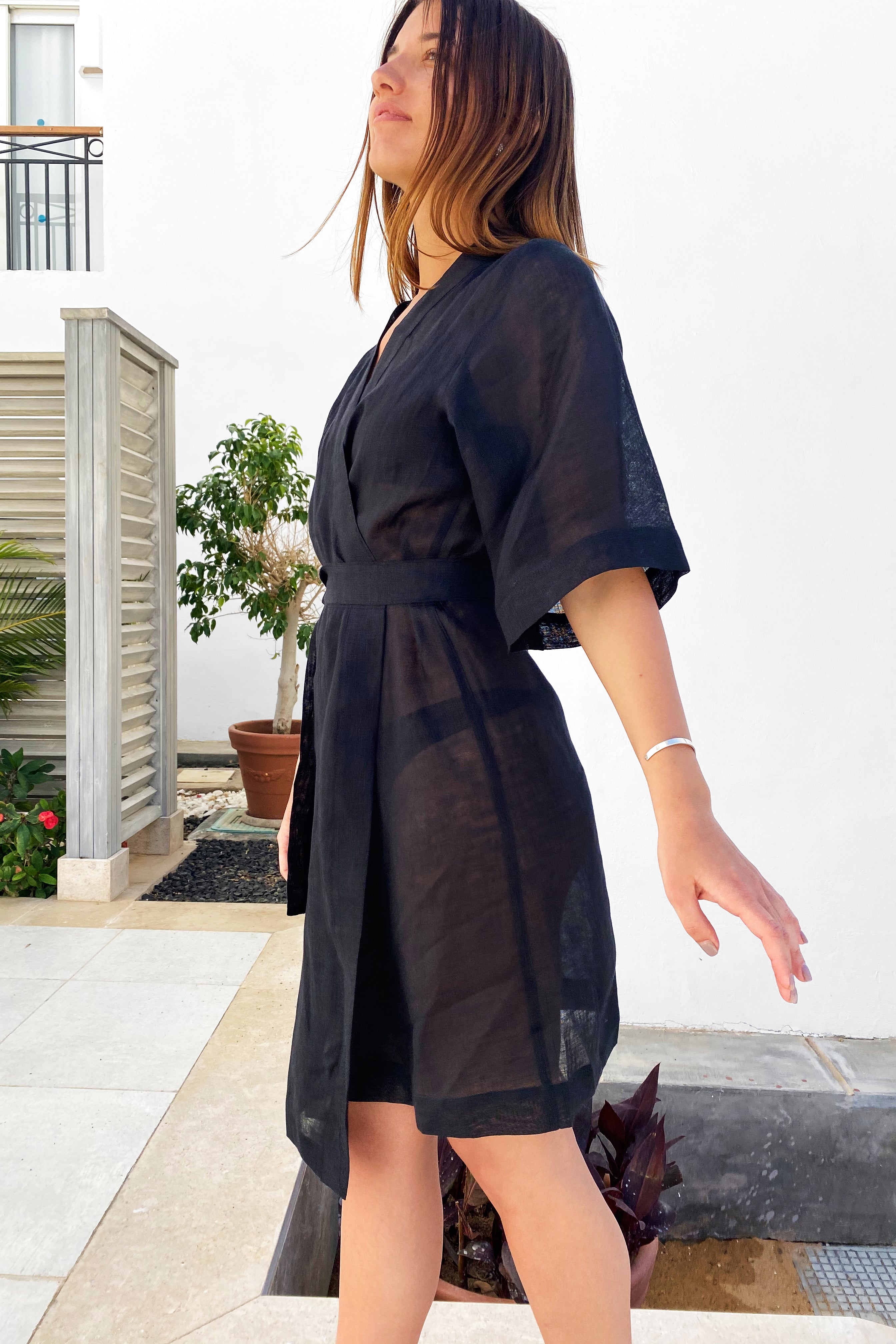 Women’s Short Linen Kimono UME in Transparent Black