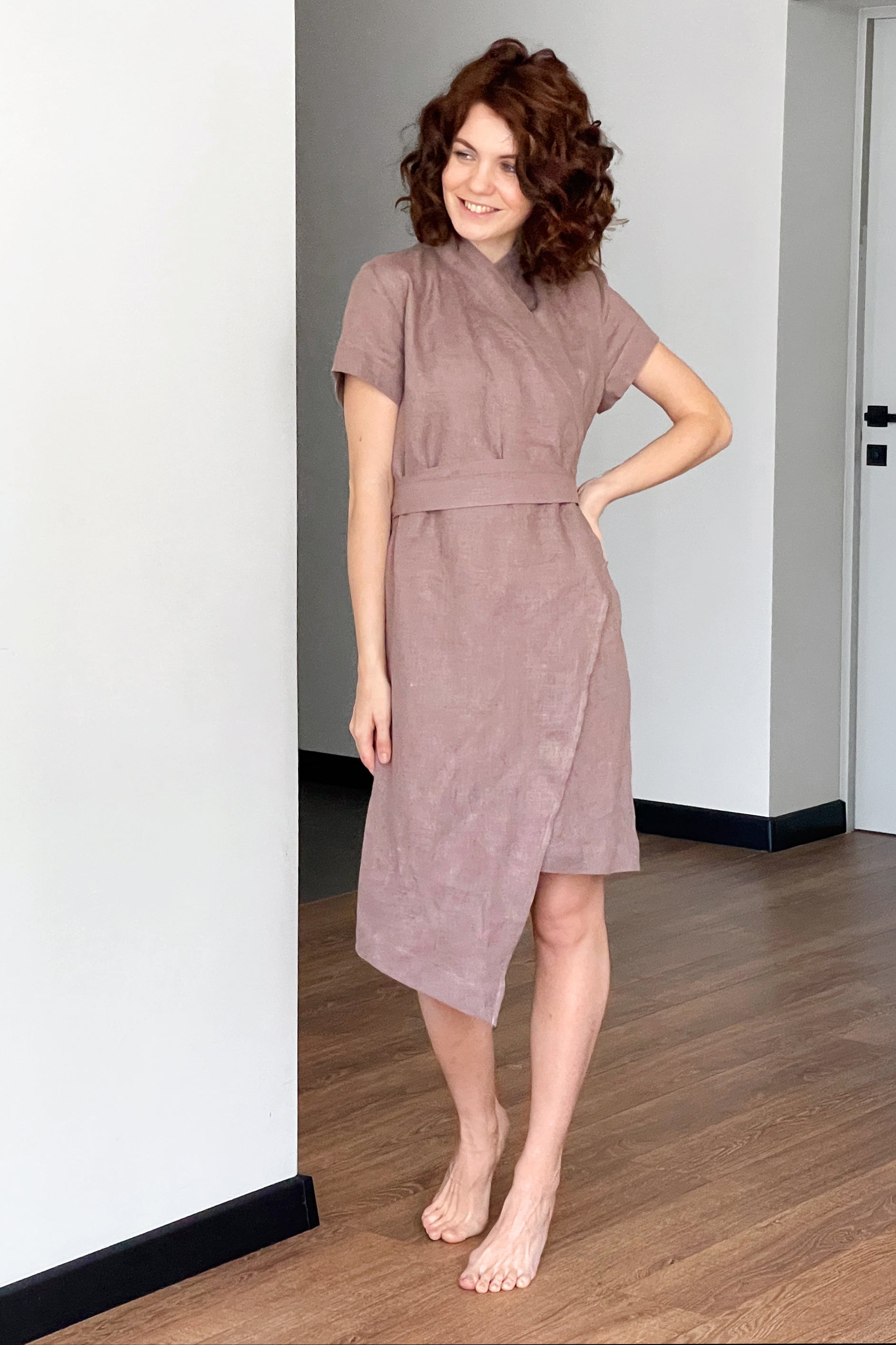 Women's Linen Wrap Dress ALOE in Latte