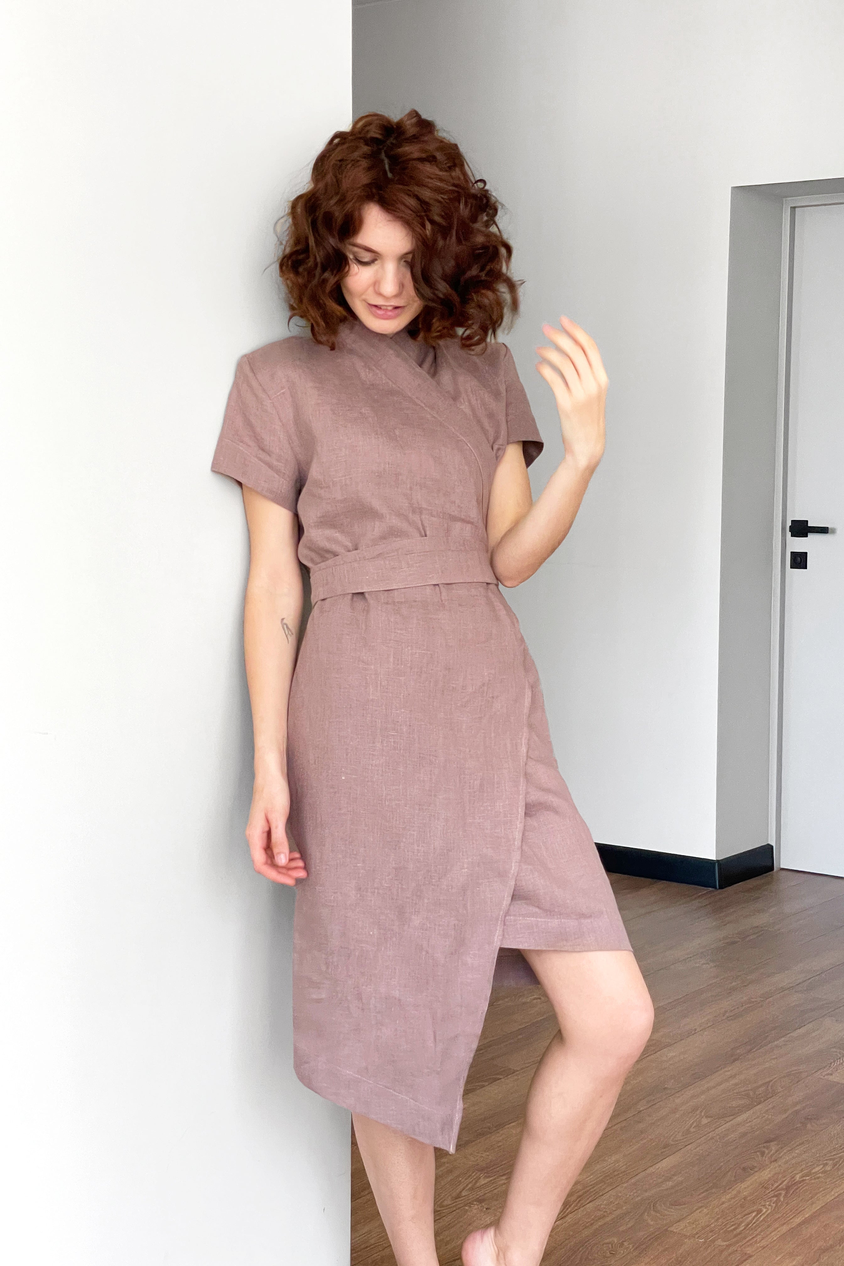 Women's Linen Wrap Dress ALOE in Latte