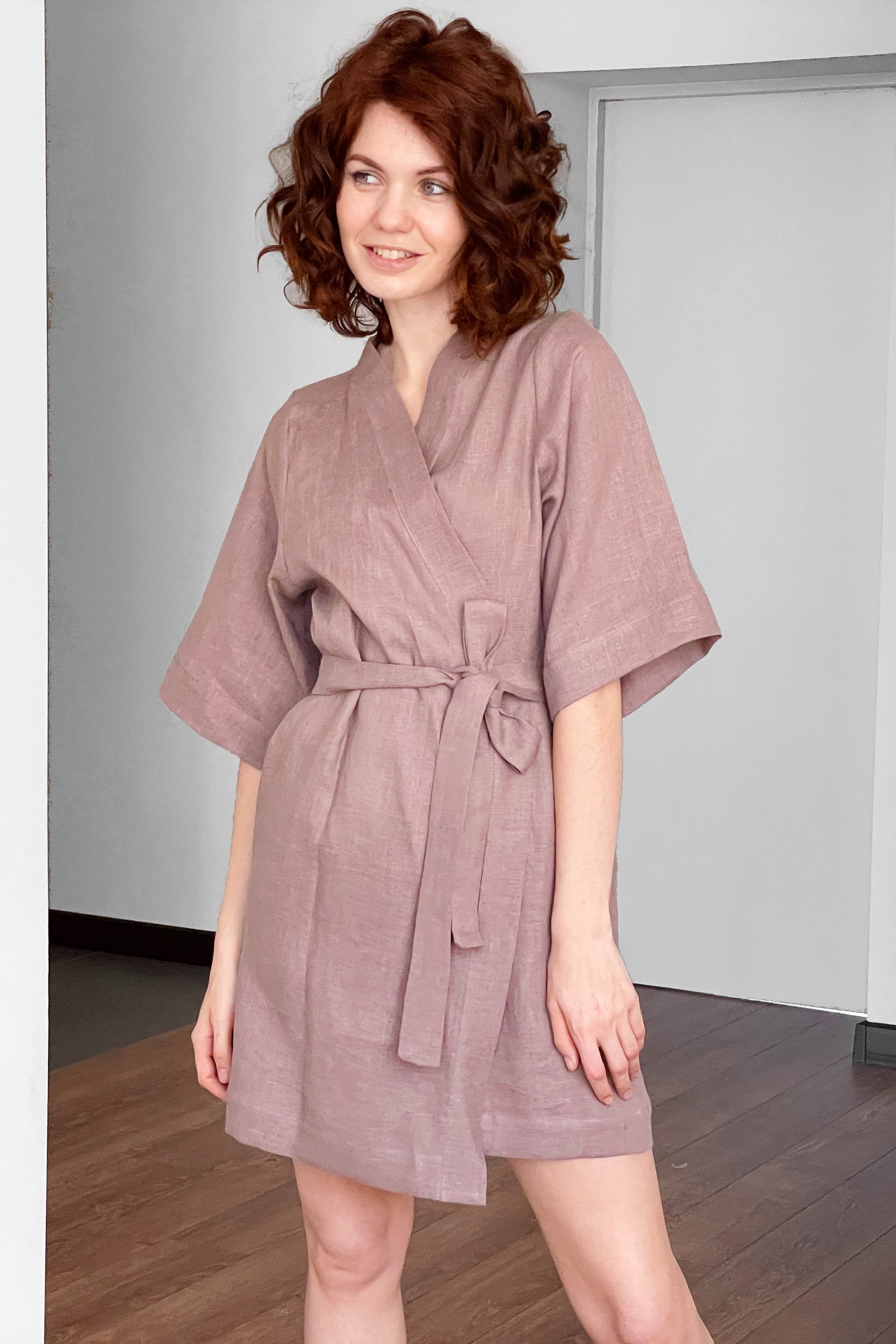Women’s Short Linen Kimono UME in Latte