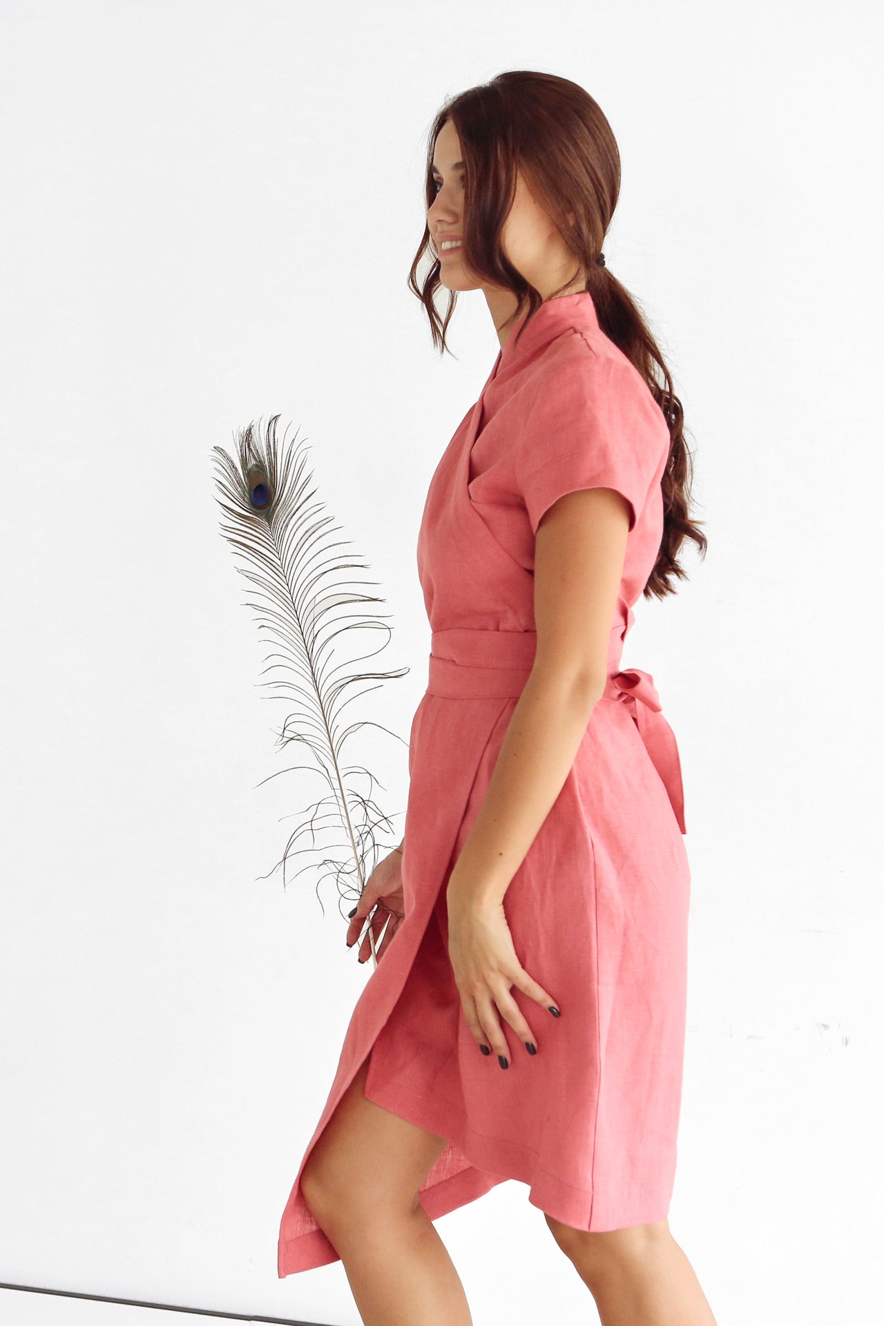 Women's Linen Wrap Dress ALOE in Peach