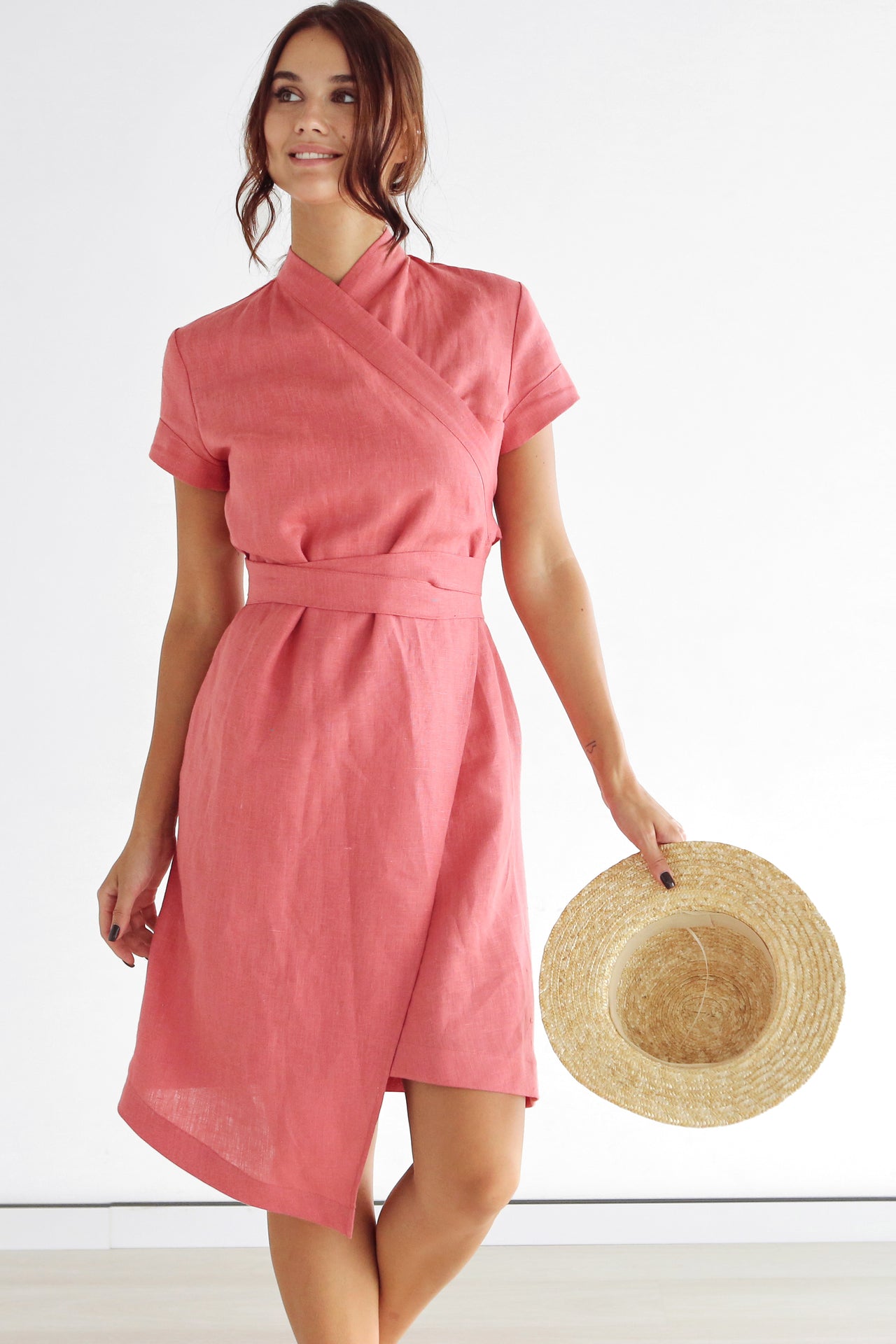 Women's Linen Wrap Dress ALOE in Peach