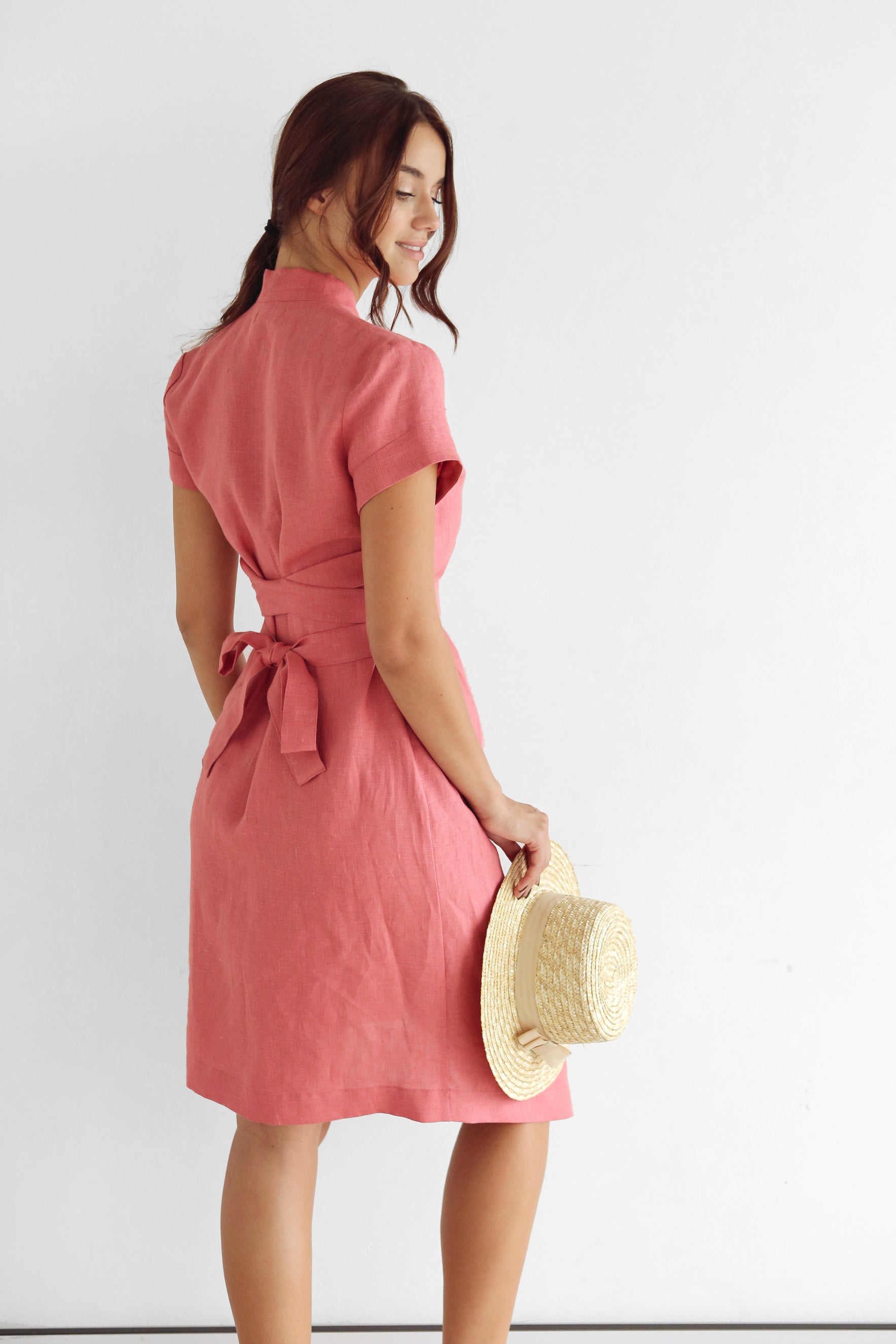 Women's Linen Wrap Dress ALOE in Peach