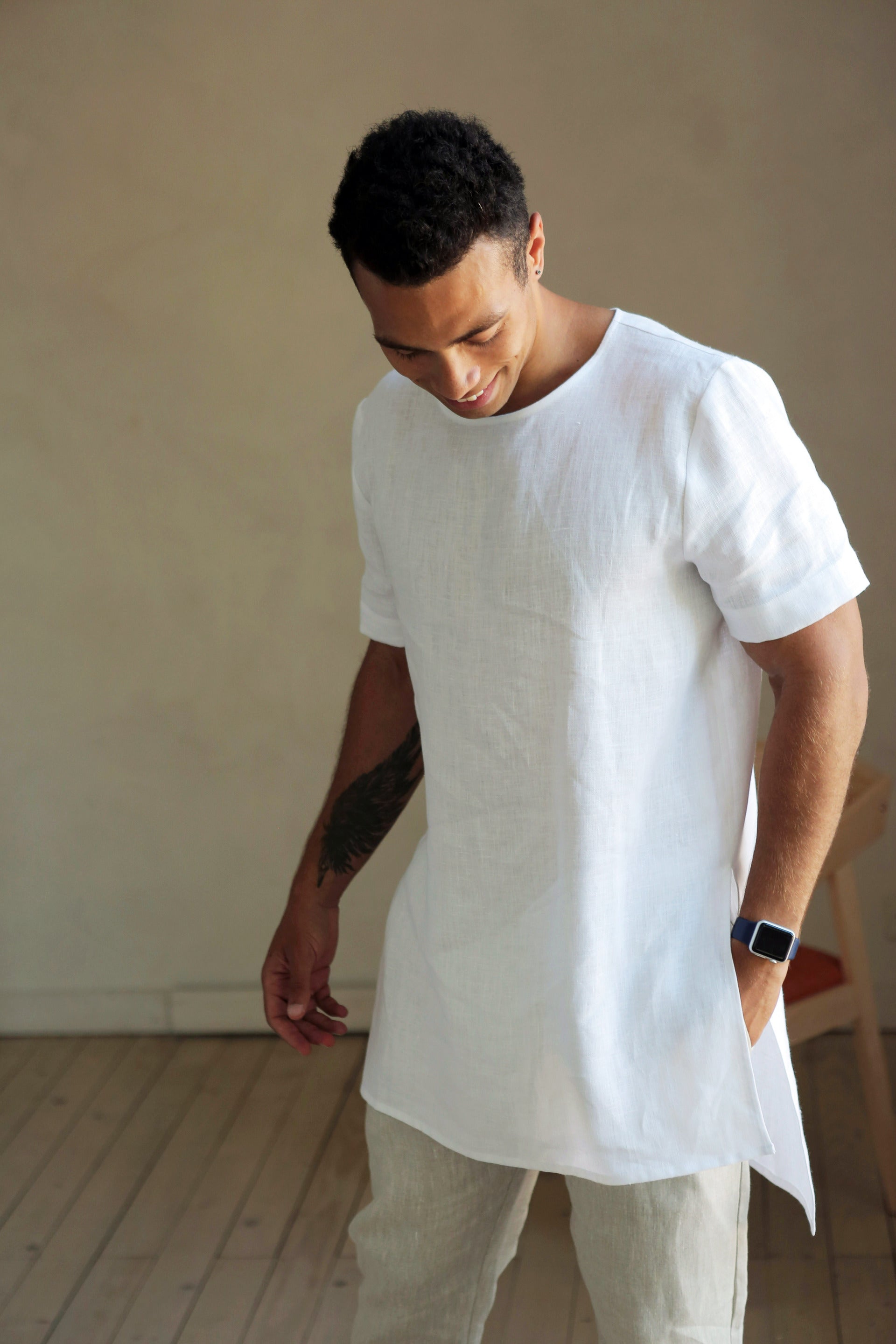 Men’s Long Linen T-Shirt LINDEN in White