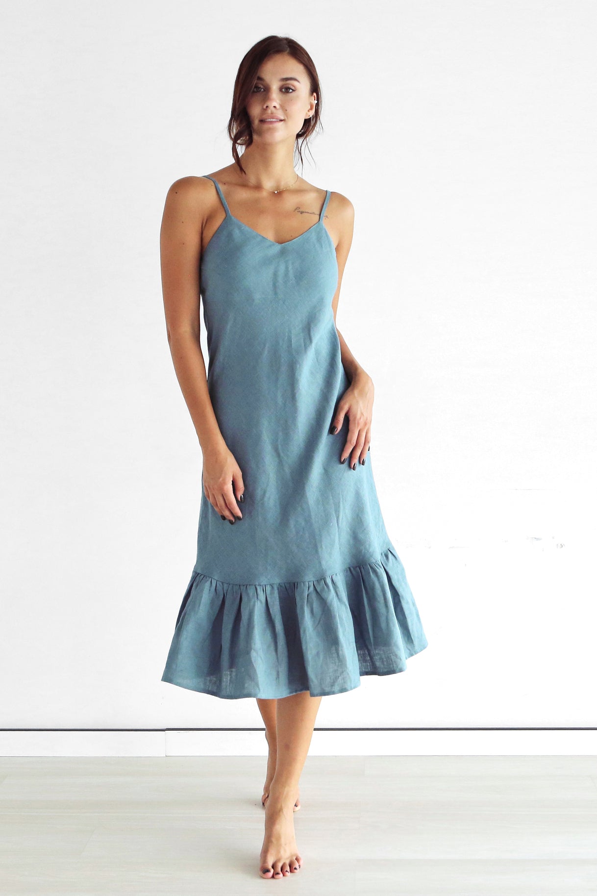 Women's Ruffled Linen Dress BAYA in Blue grey