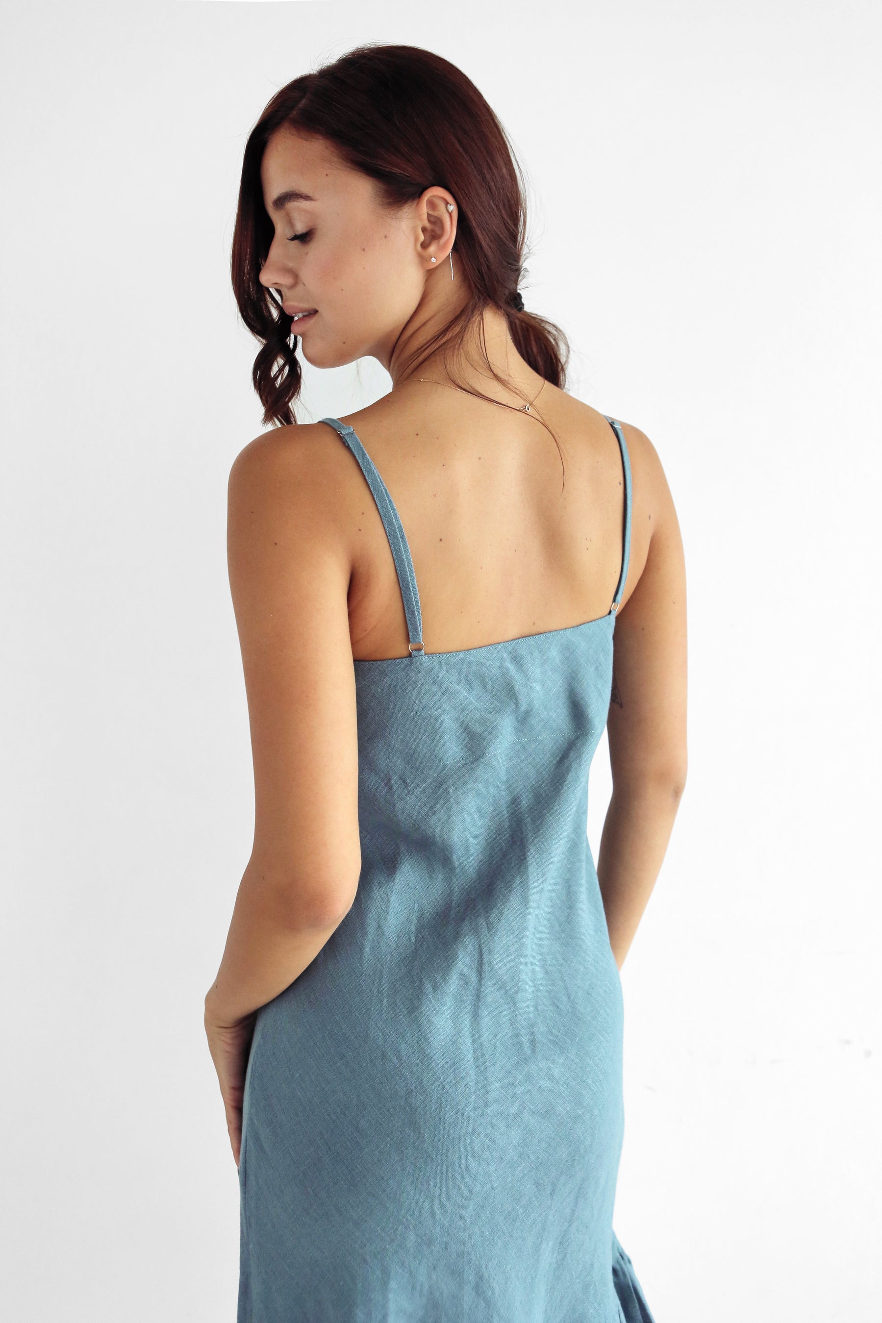 Women's Ruffled Linen Dress BAYA in Blue grey