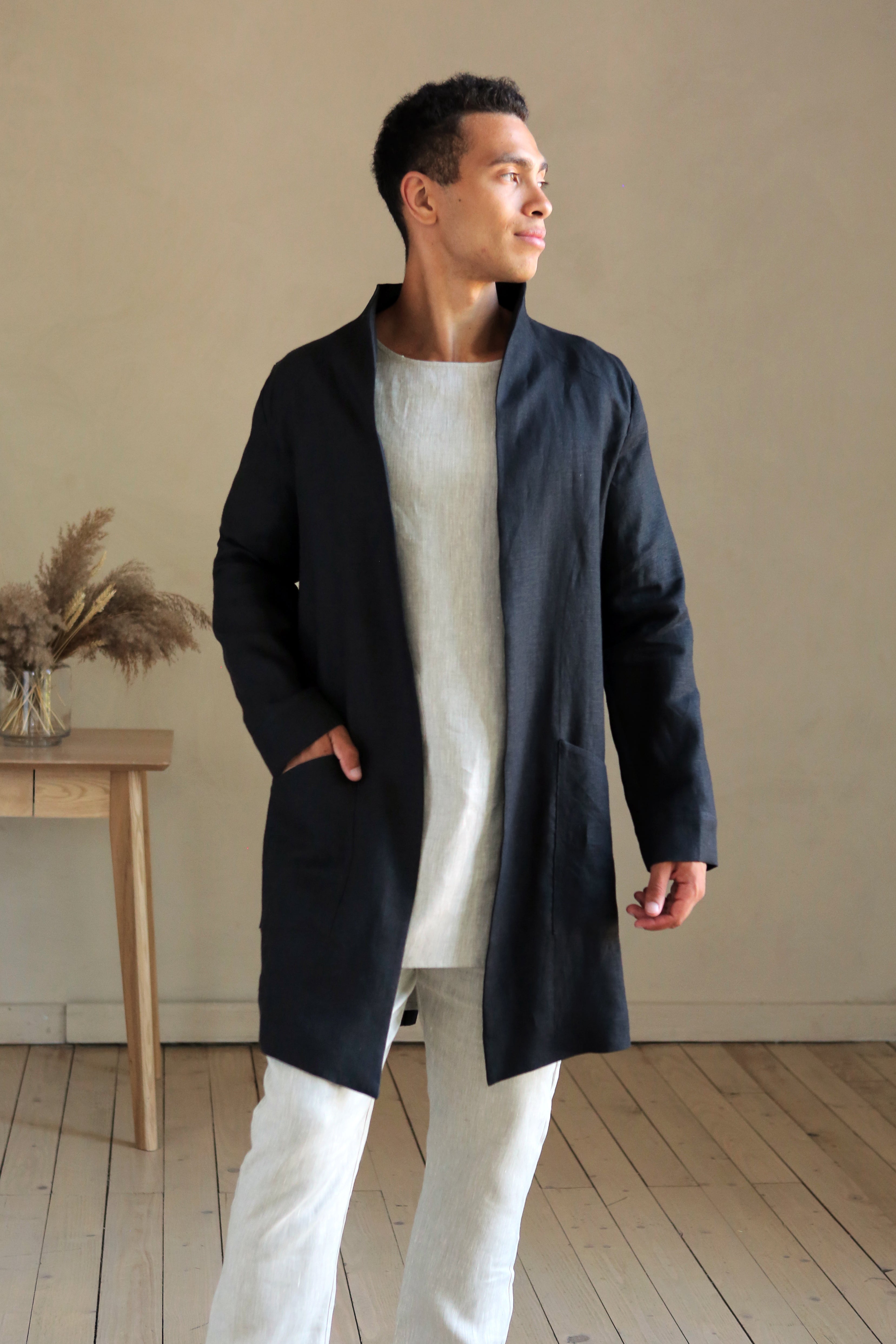 Men’s Linen Trench ALMOND in Black