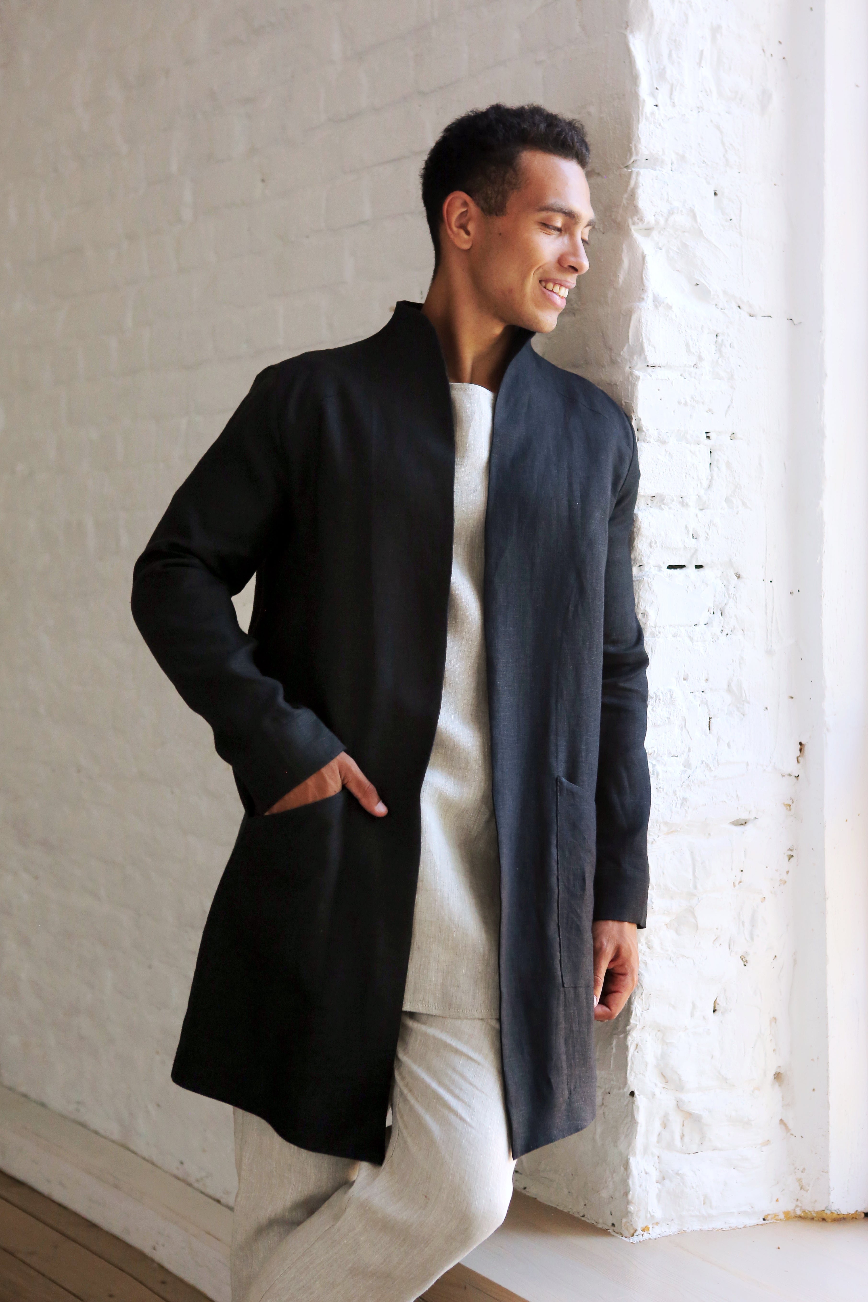 Men’s Linen Trench ALMOND in Black