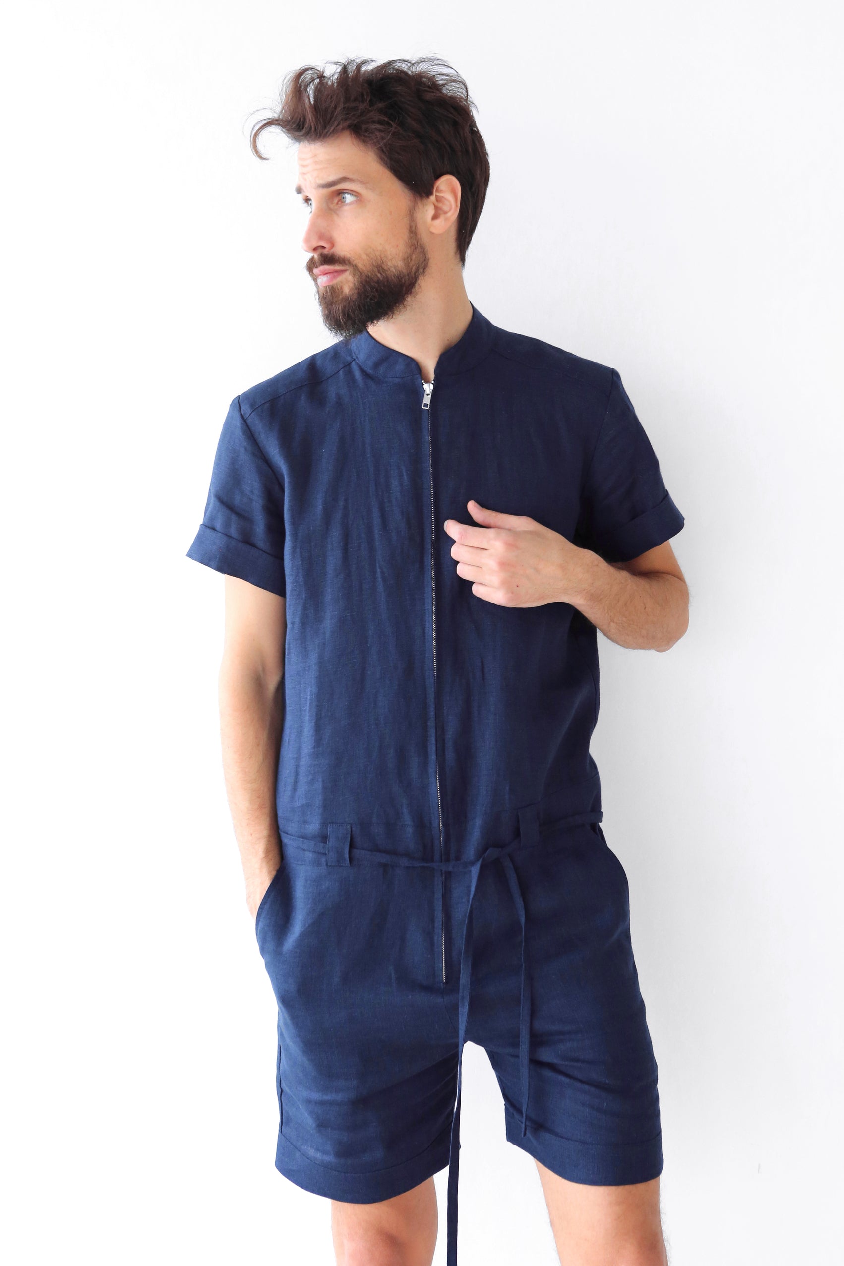 Mens Linen Romper PANDAN in Dark blue