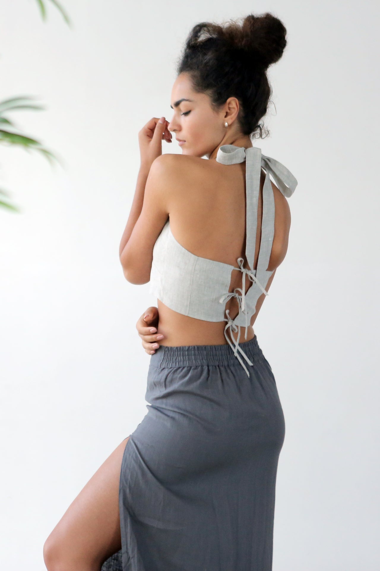 Linen Lace-Up Crop Top IVINA in Beige