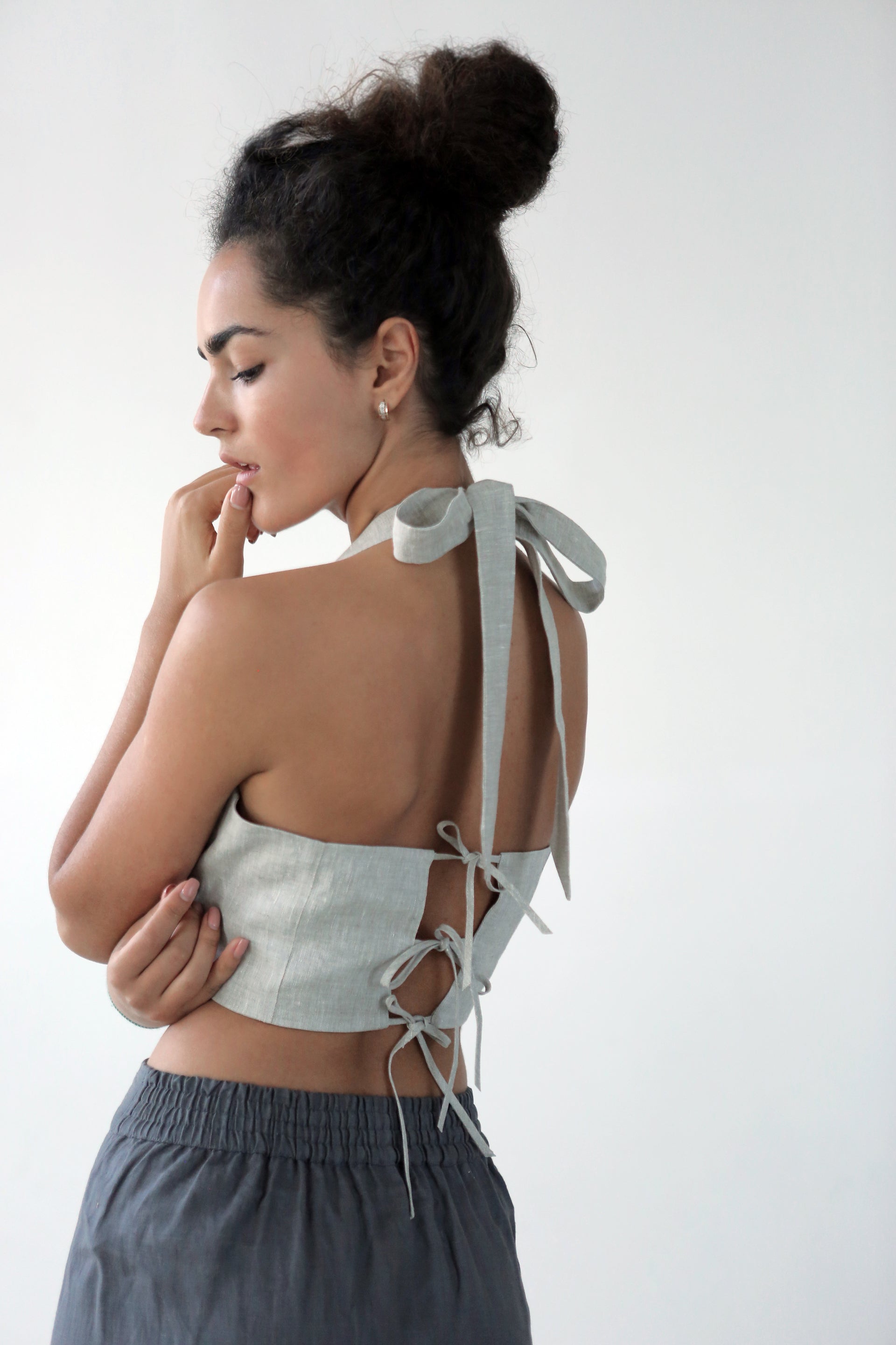 Linen Lace-Up Crop Top IVINA in Beige