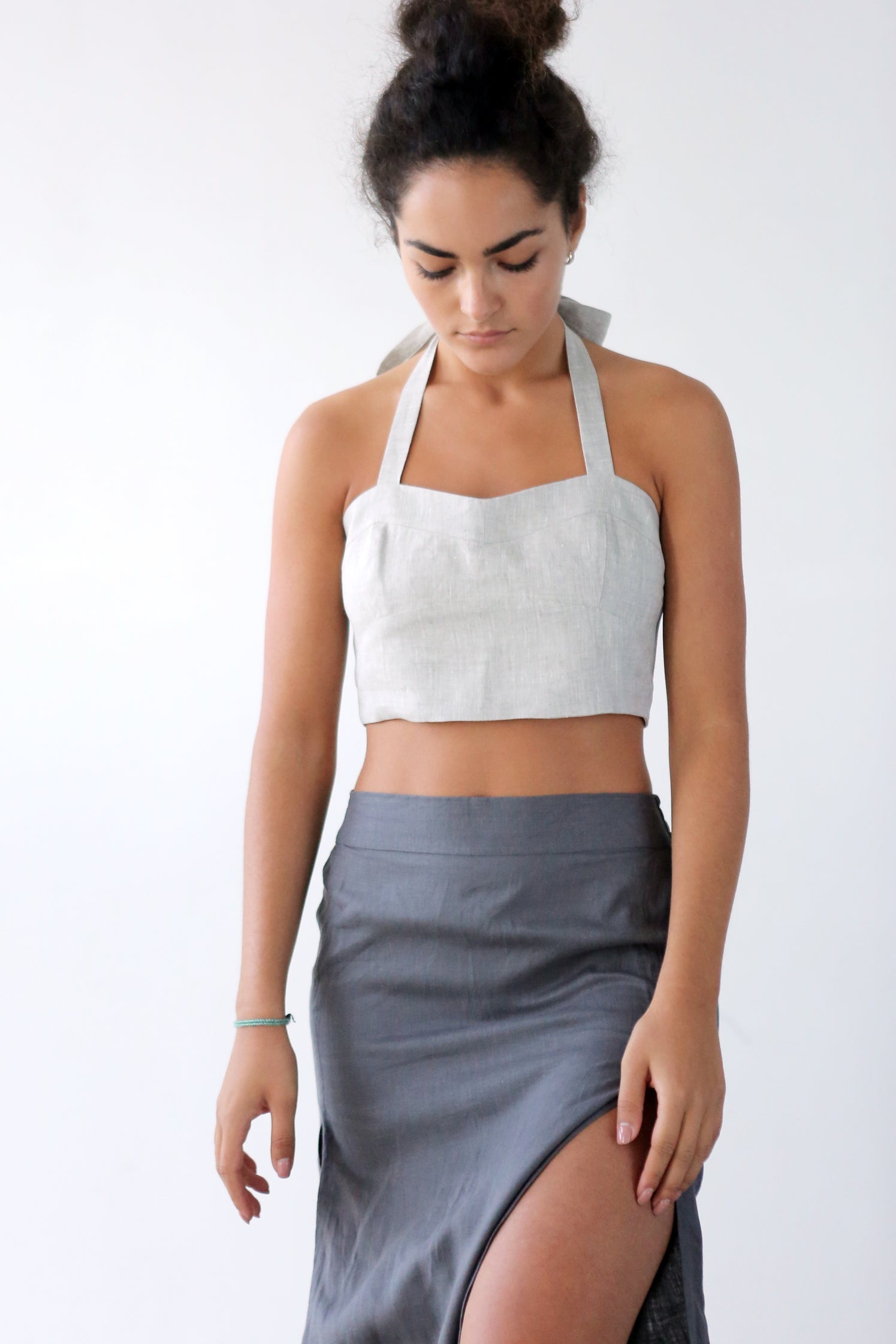 Linen Lace-Up Crop Top IVINA in Beige