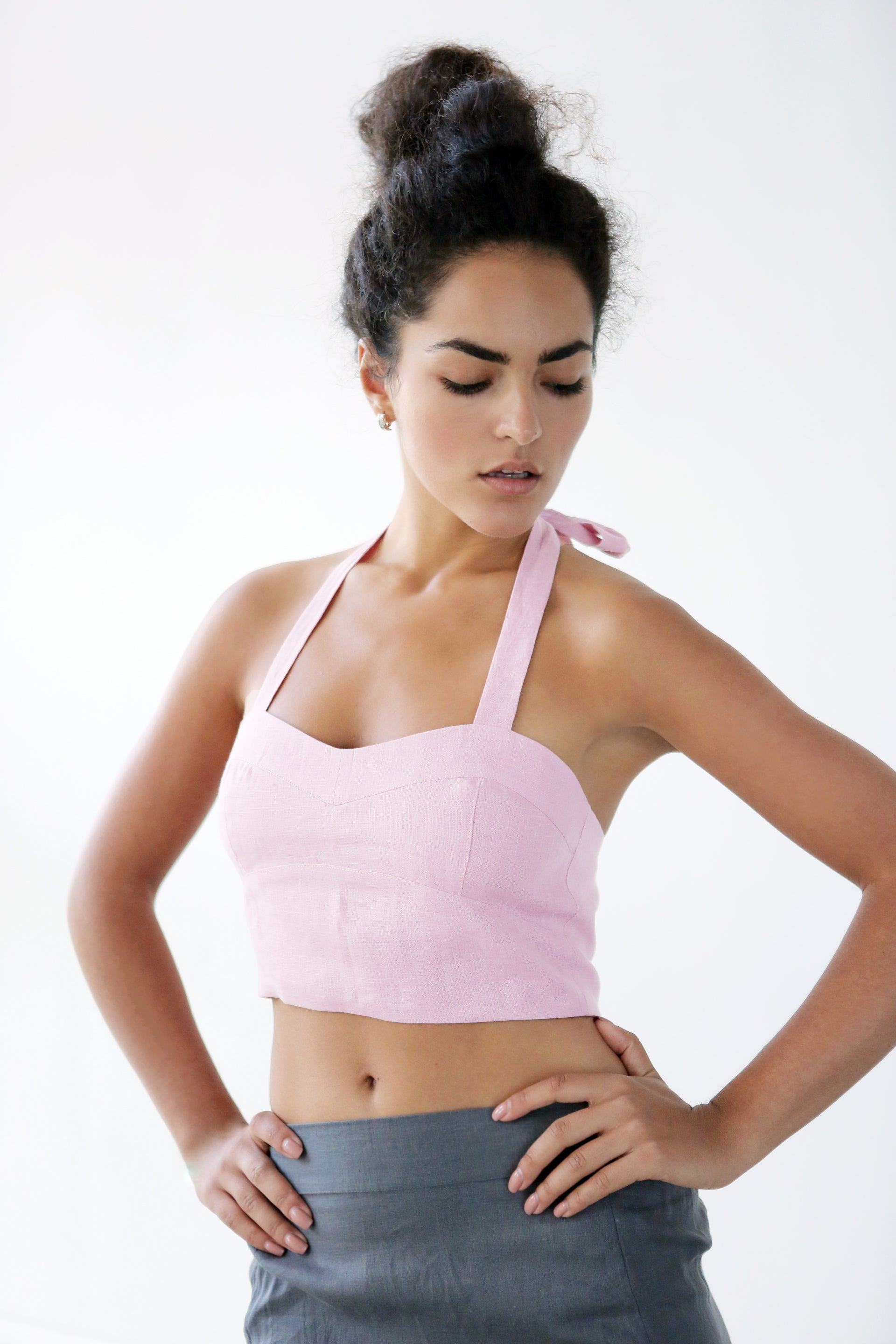 Linen Lace-Up Crop Top IVINA in Light pink
