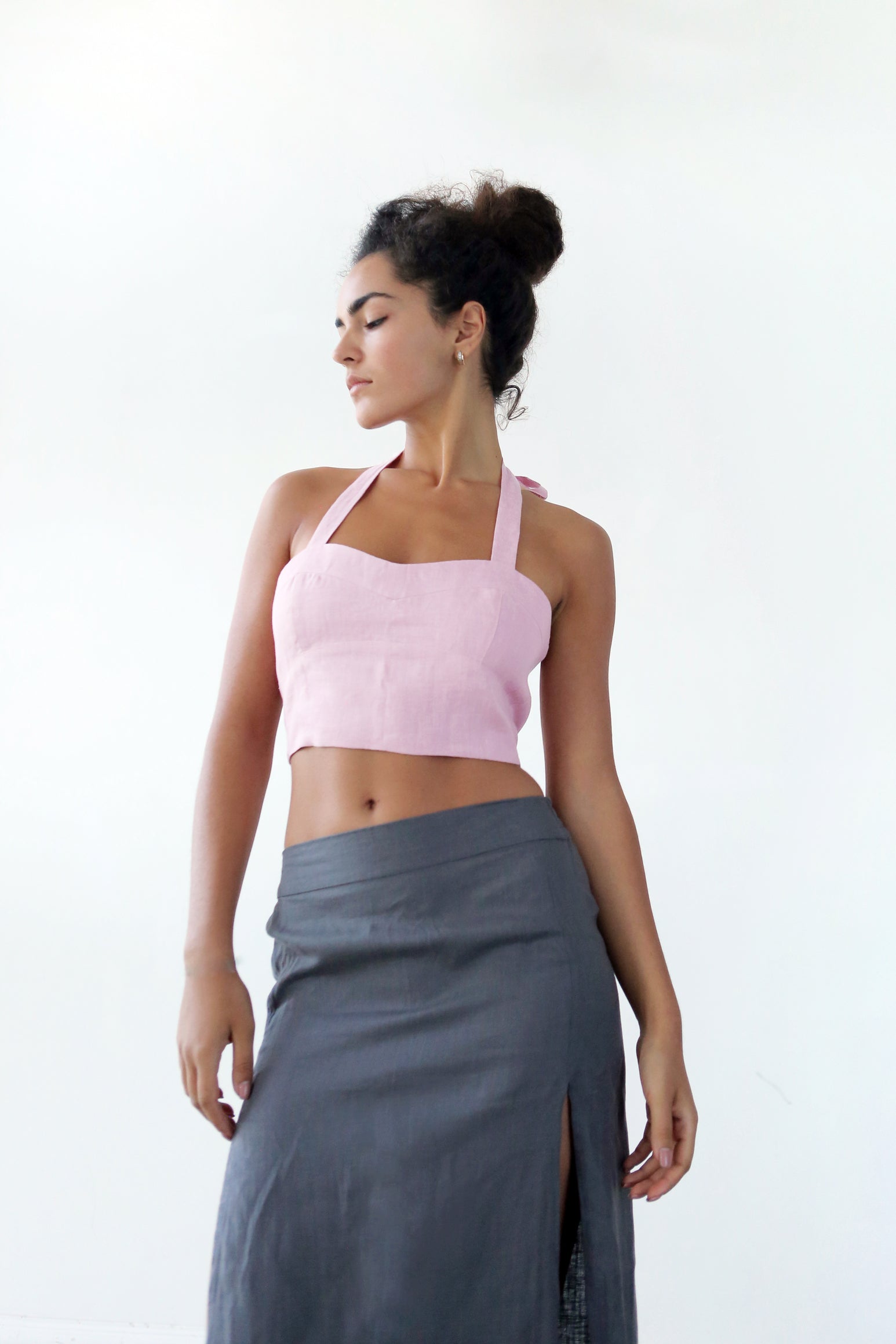 Linen Lace-Up Crop Top IVINA in Light pink