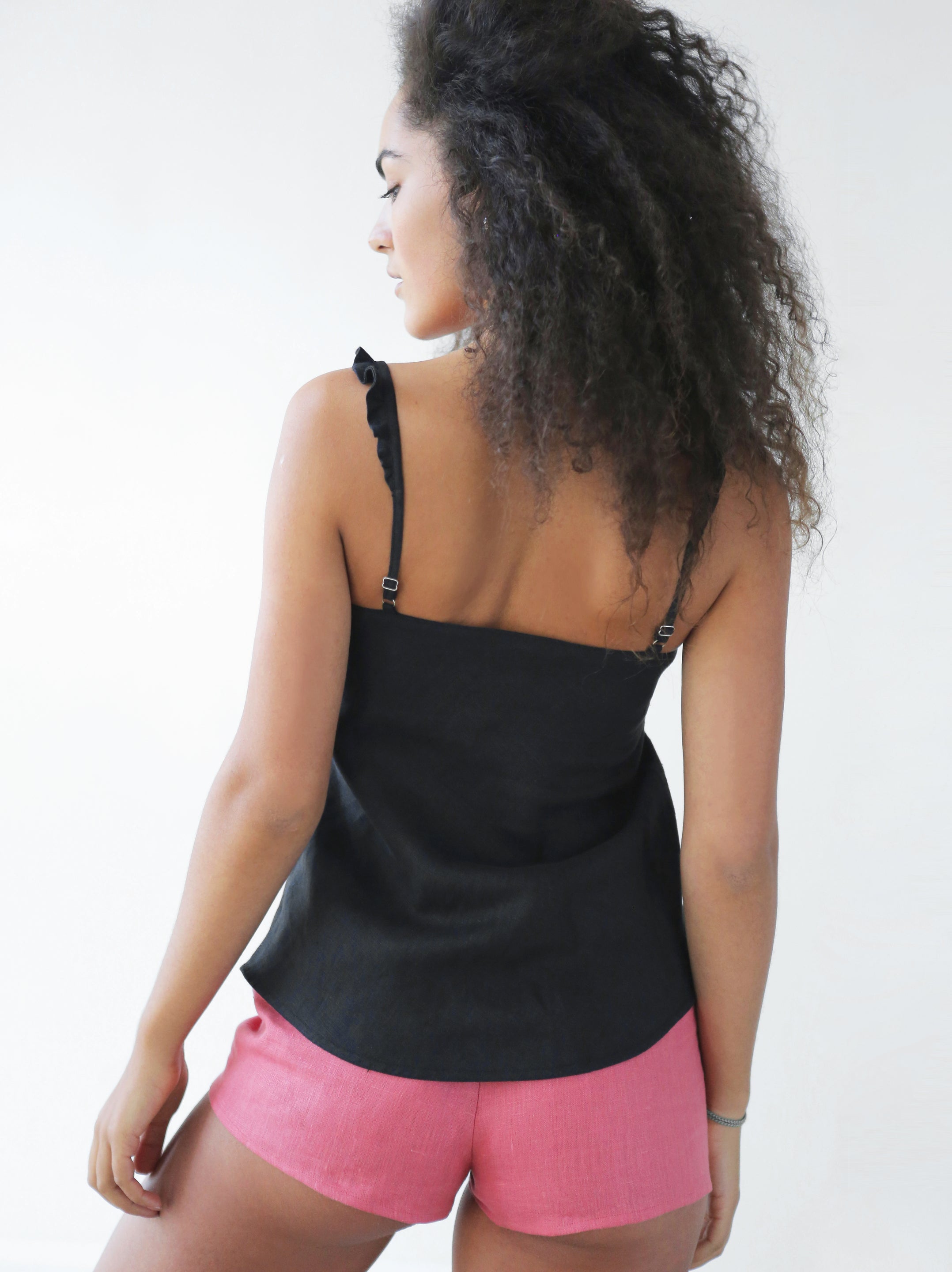 Women’s Ruffled Straps Linen Top FLORIN in Black