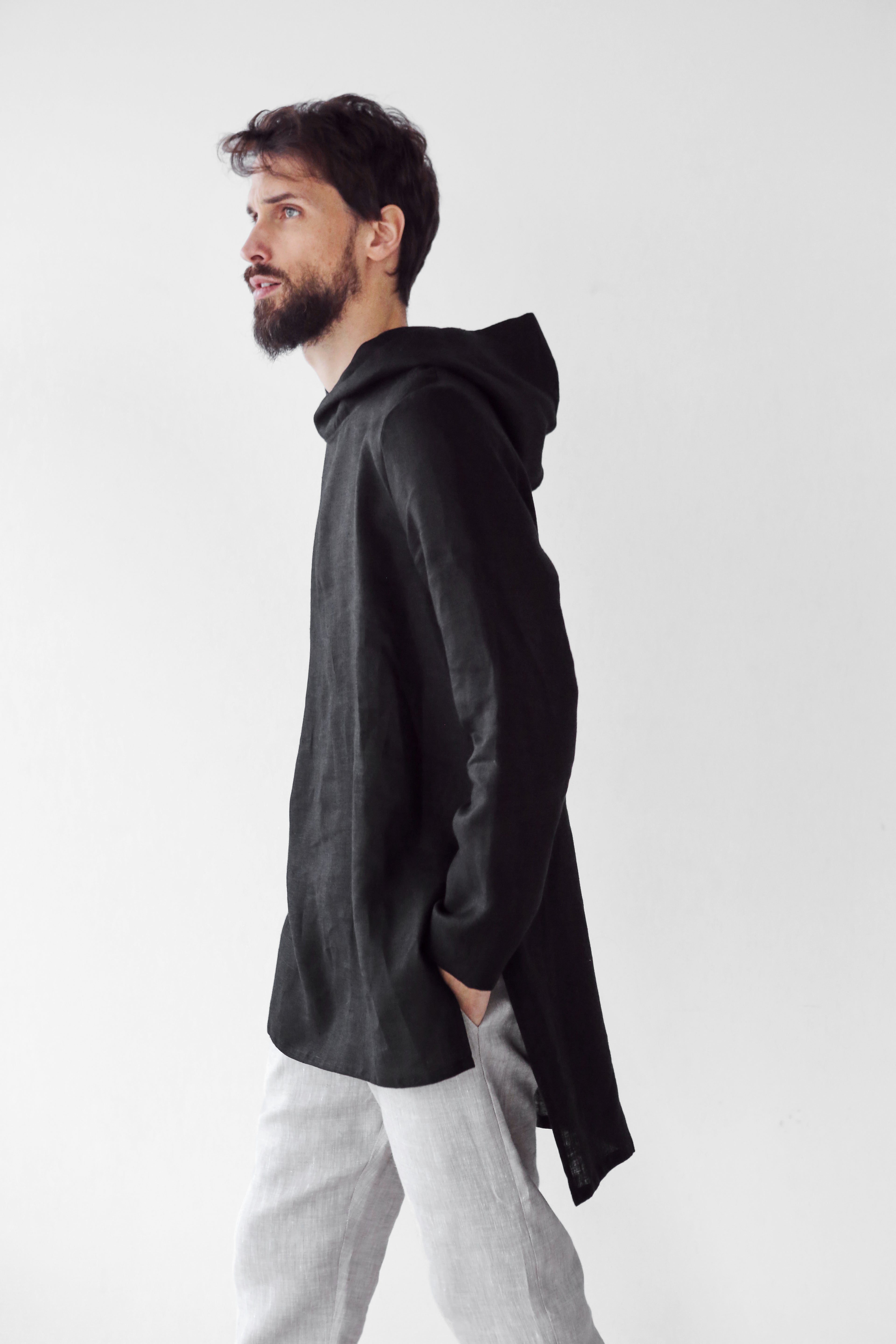 Men’s Long Linen Hoodie BALSA with splits in Black