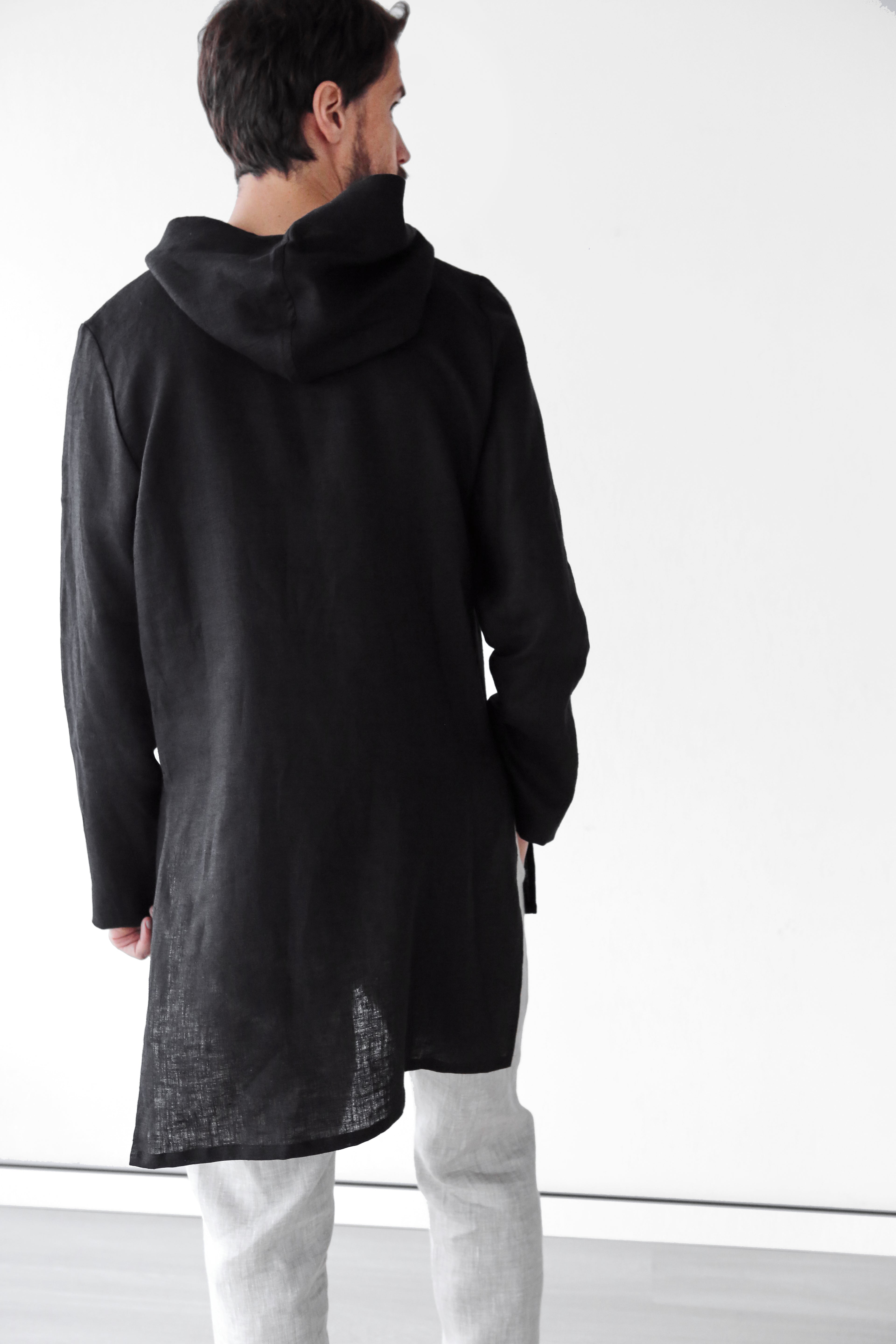 Men’s Long Linen Hoodie BALSA with splits in Black