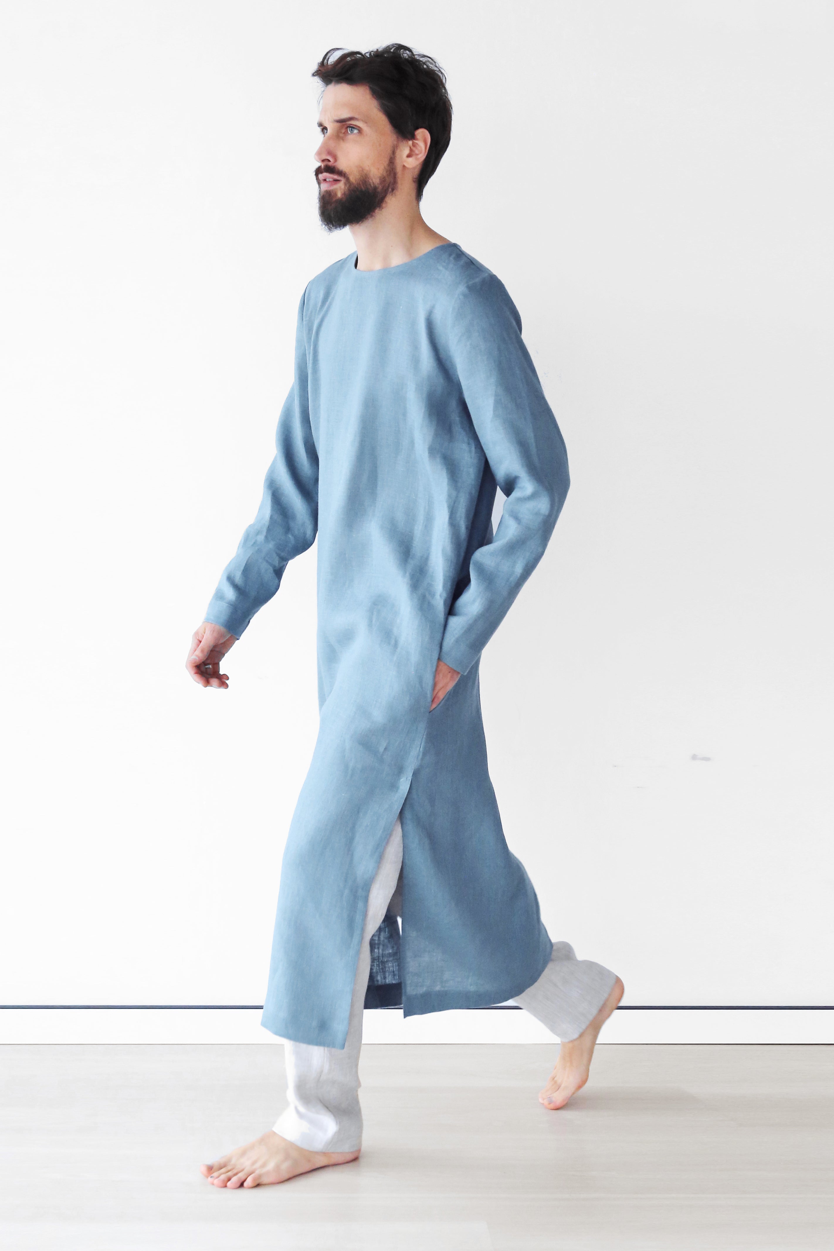 Men’s Long Linen T-Shirt, Kaftan LOTAN in Blue grey