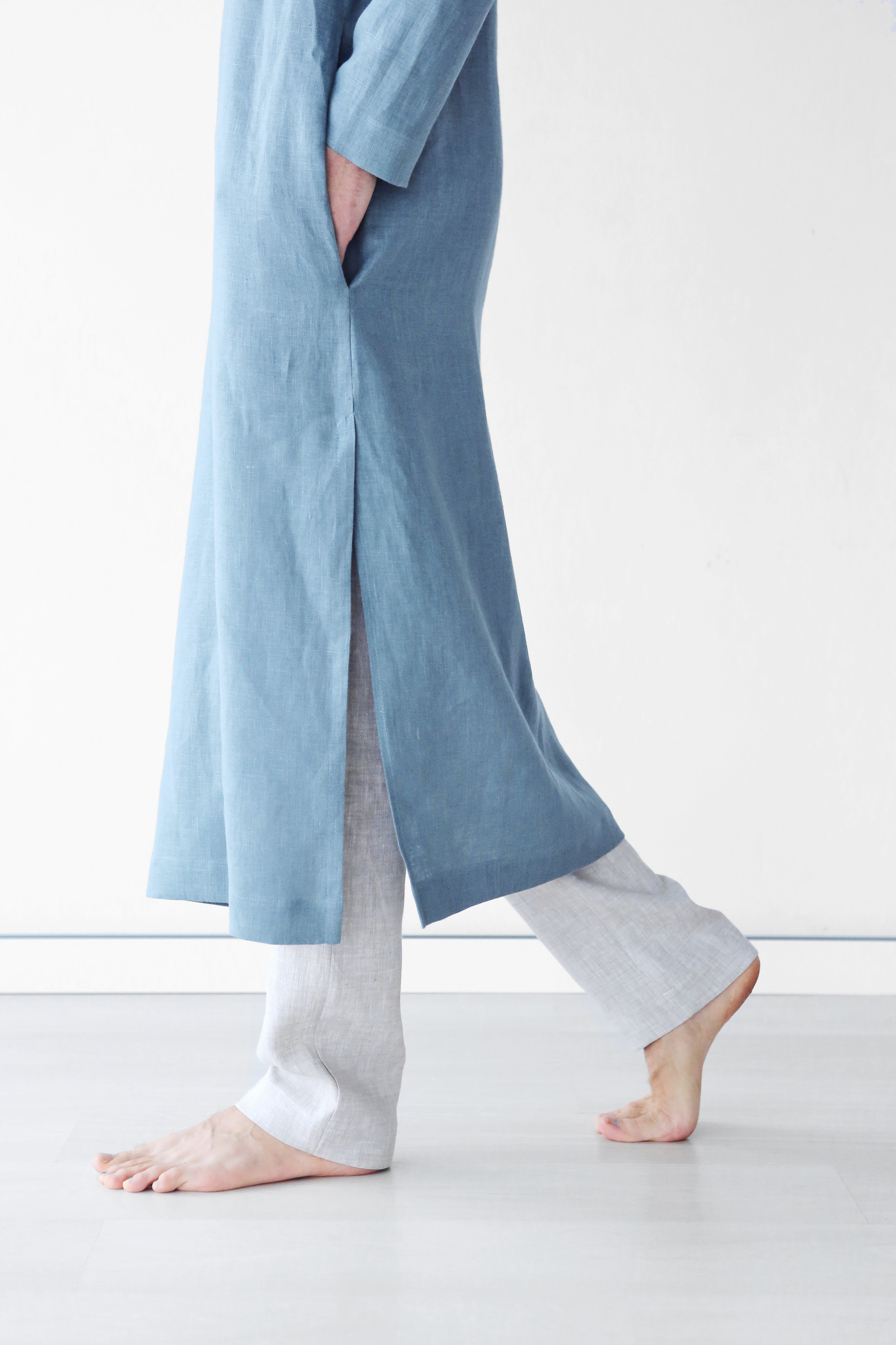 Men’s Long Linen T-Shirt, Kaftan LOTAN in Blue grey