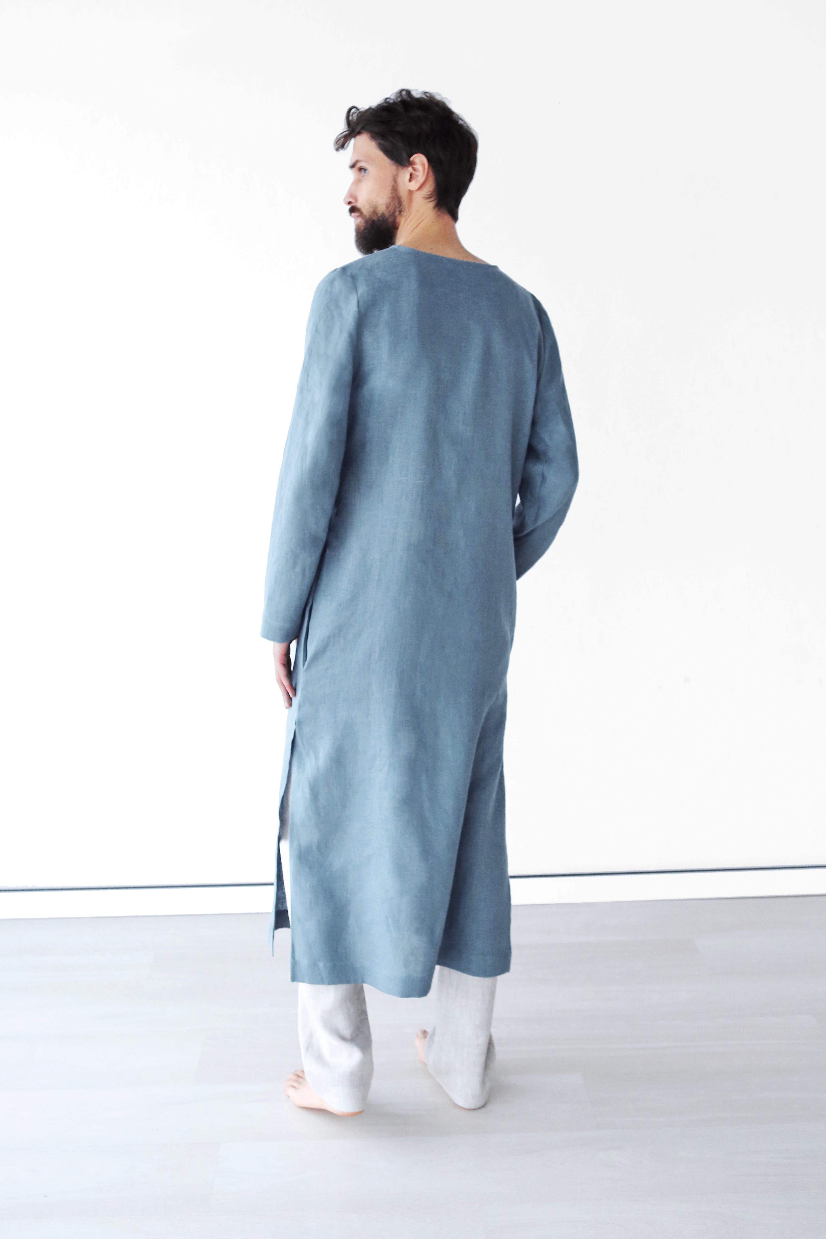 Men’s Long Linen T-Shirt, Kaftan LOTAN in Blue grey