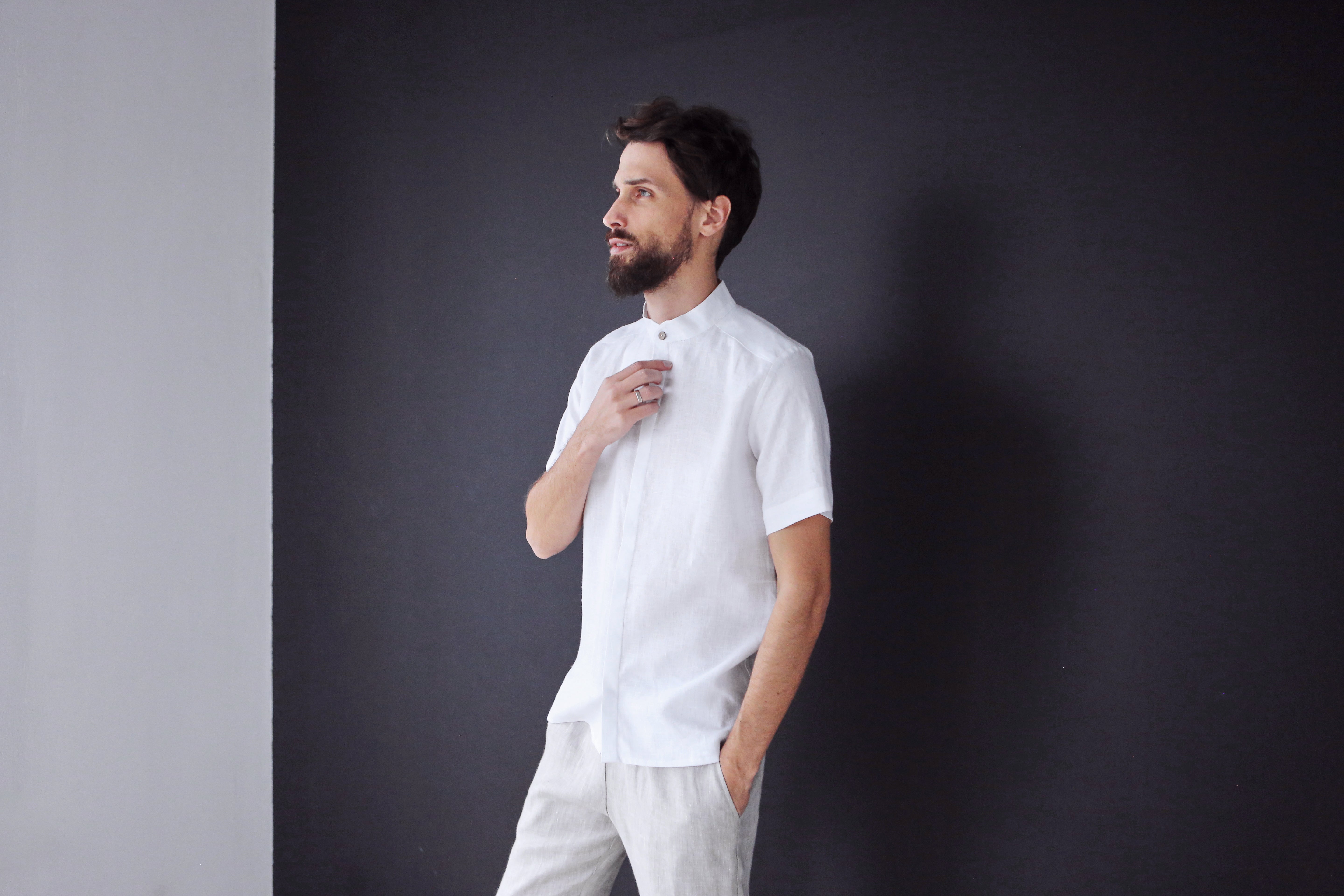 Men’s Short-Sleeved Linen Shirt OLIVE in White