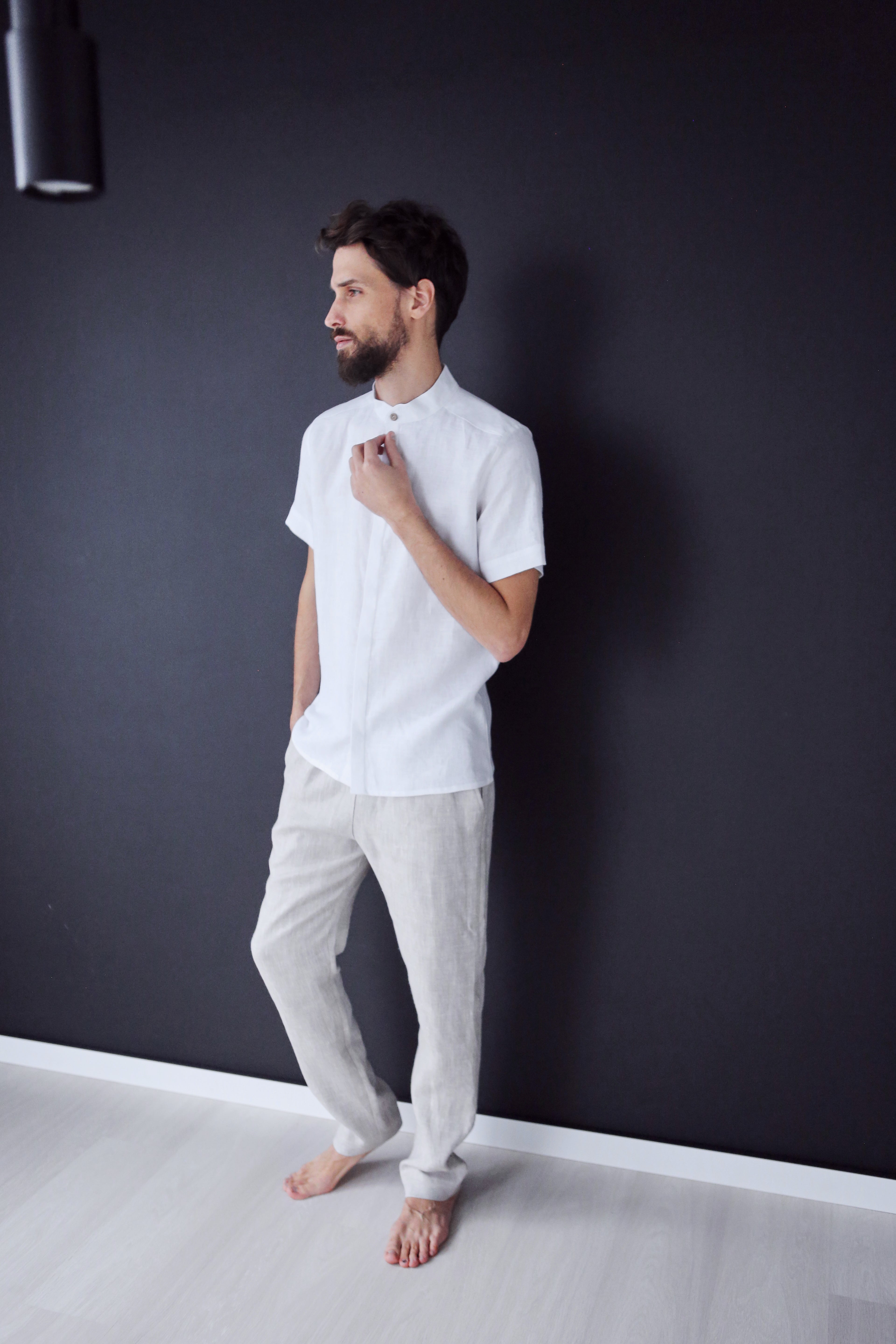 Men’s Short-Sleeved Linen Shirt OLIVE in White