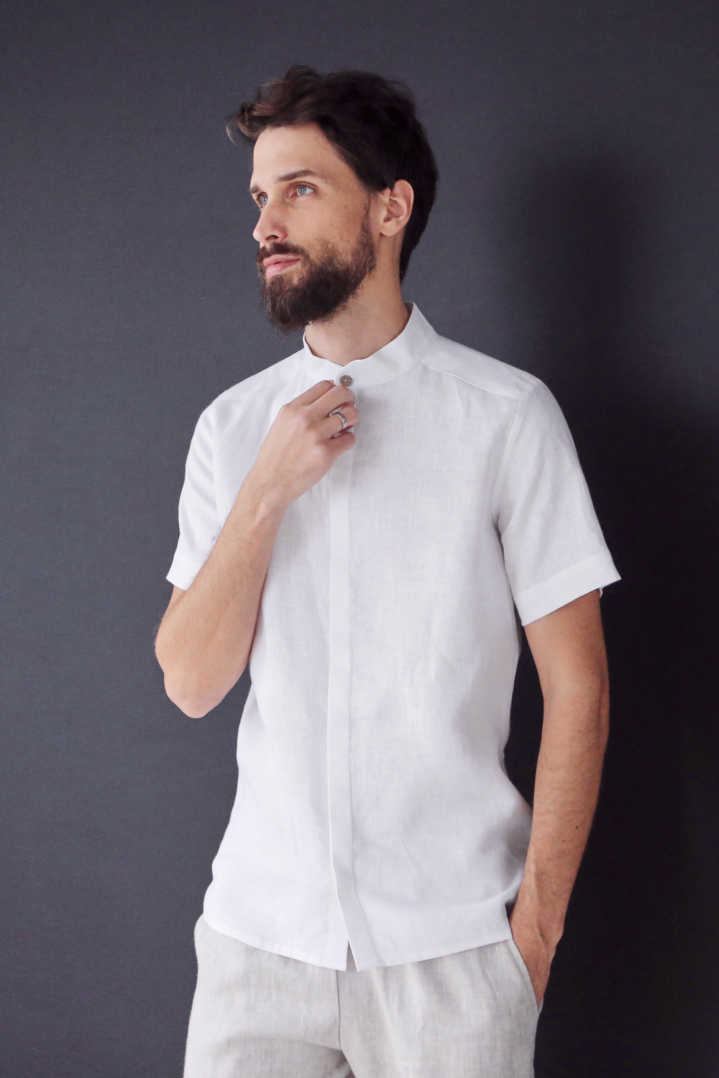 Men’s Short-Sleeved Linen Shirt OLIVE in White