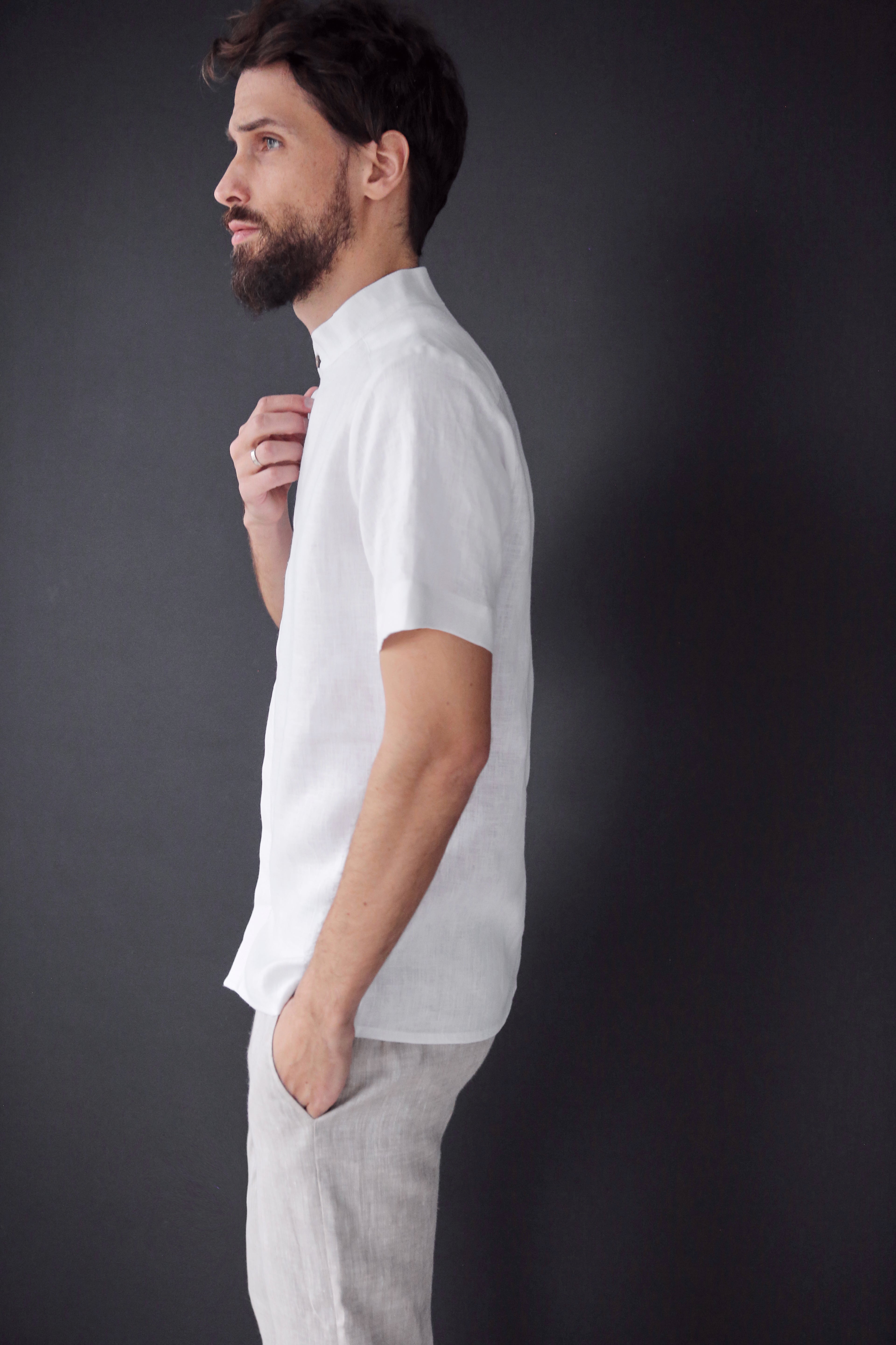 Men’s Short-Sleeved Linen Shirt OLIVE in White
