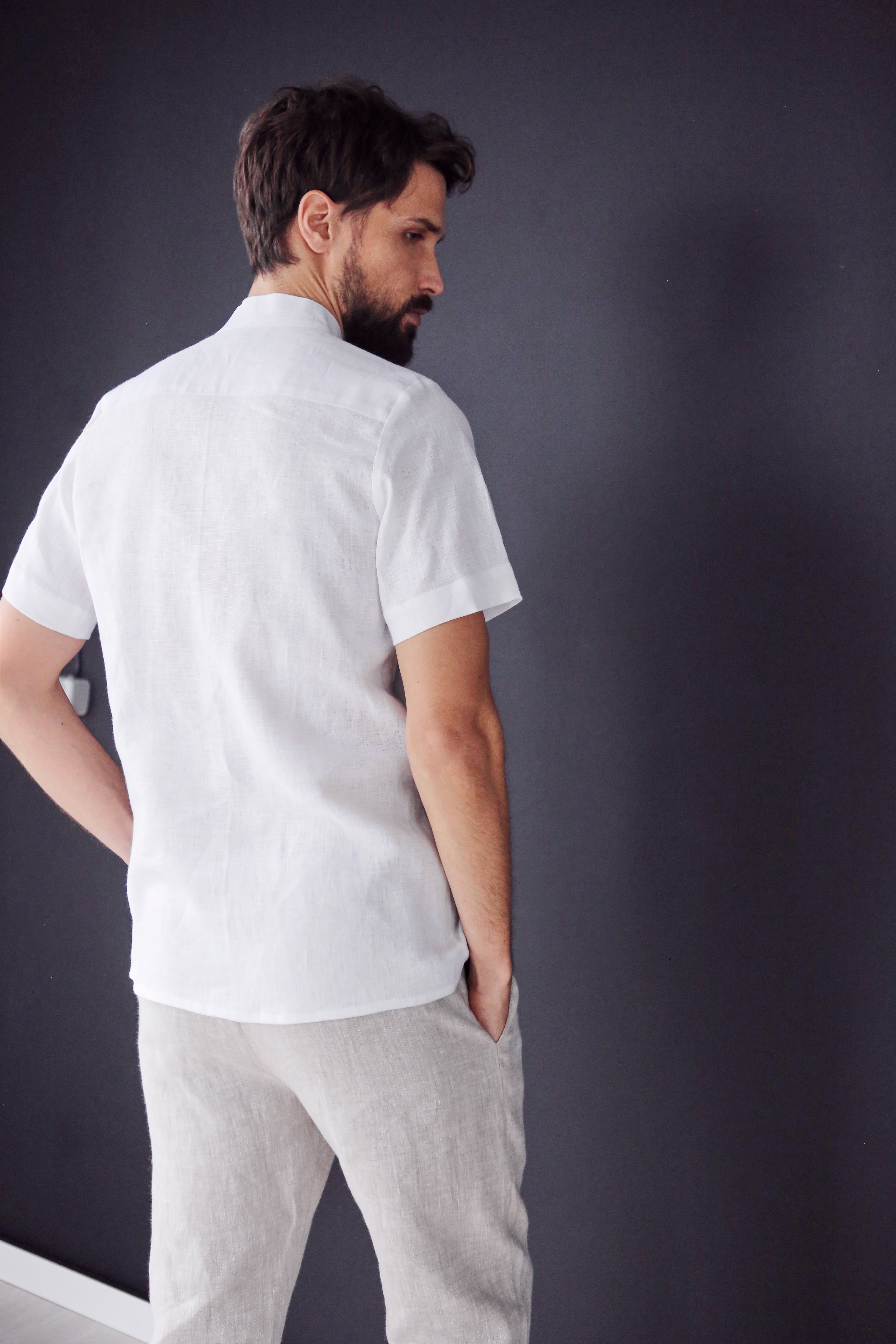 Men’s Short-Sleeved Linen Shirt OLIVE in White