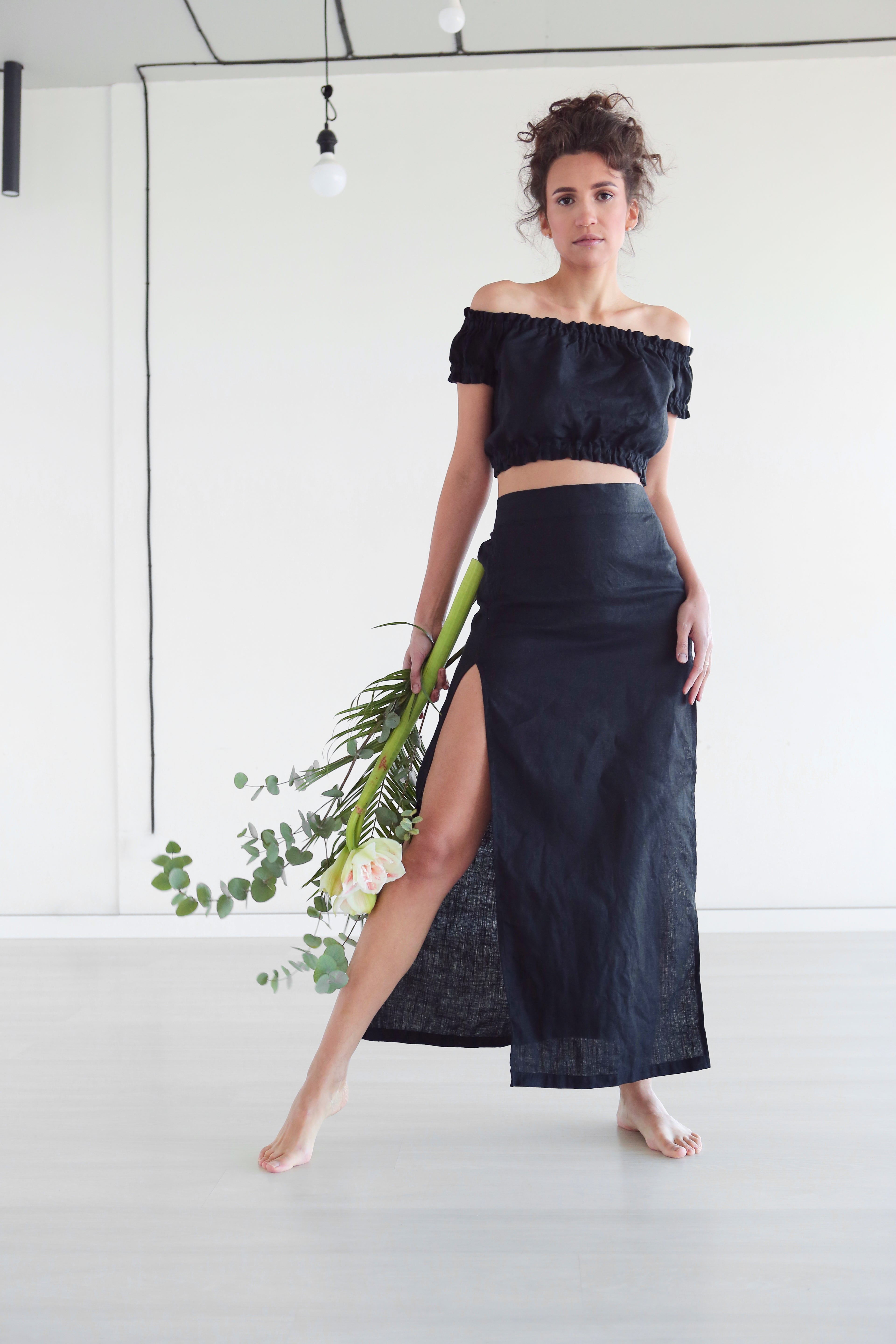 Off the shoulders linen top, crop top Black